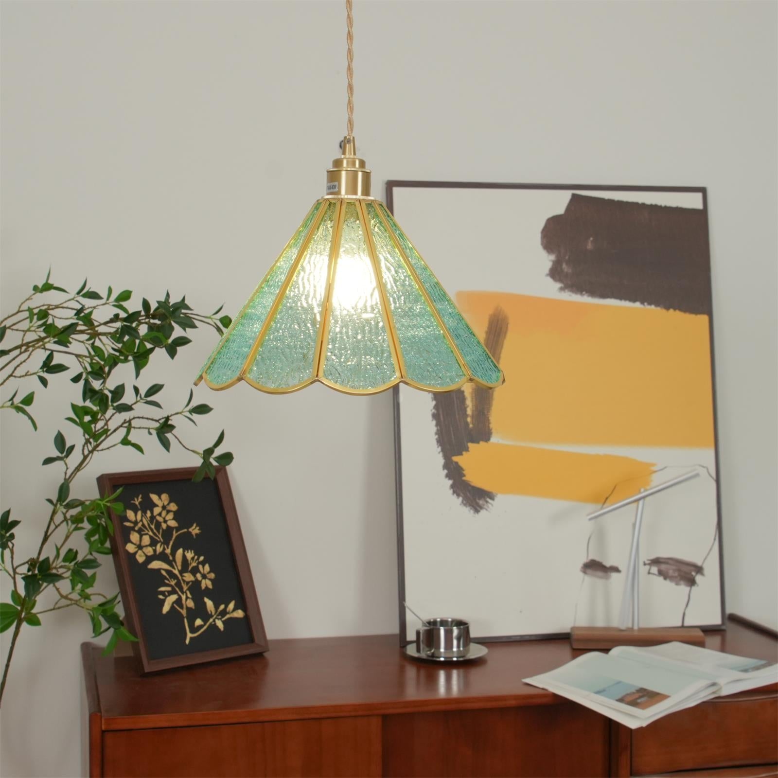 Pendant Lamp Textured Blue Glass Scalloped Brass