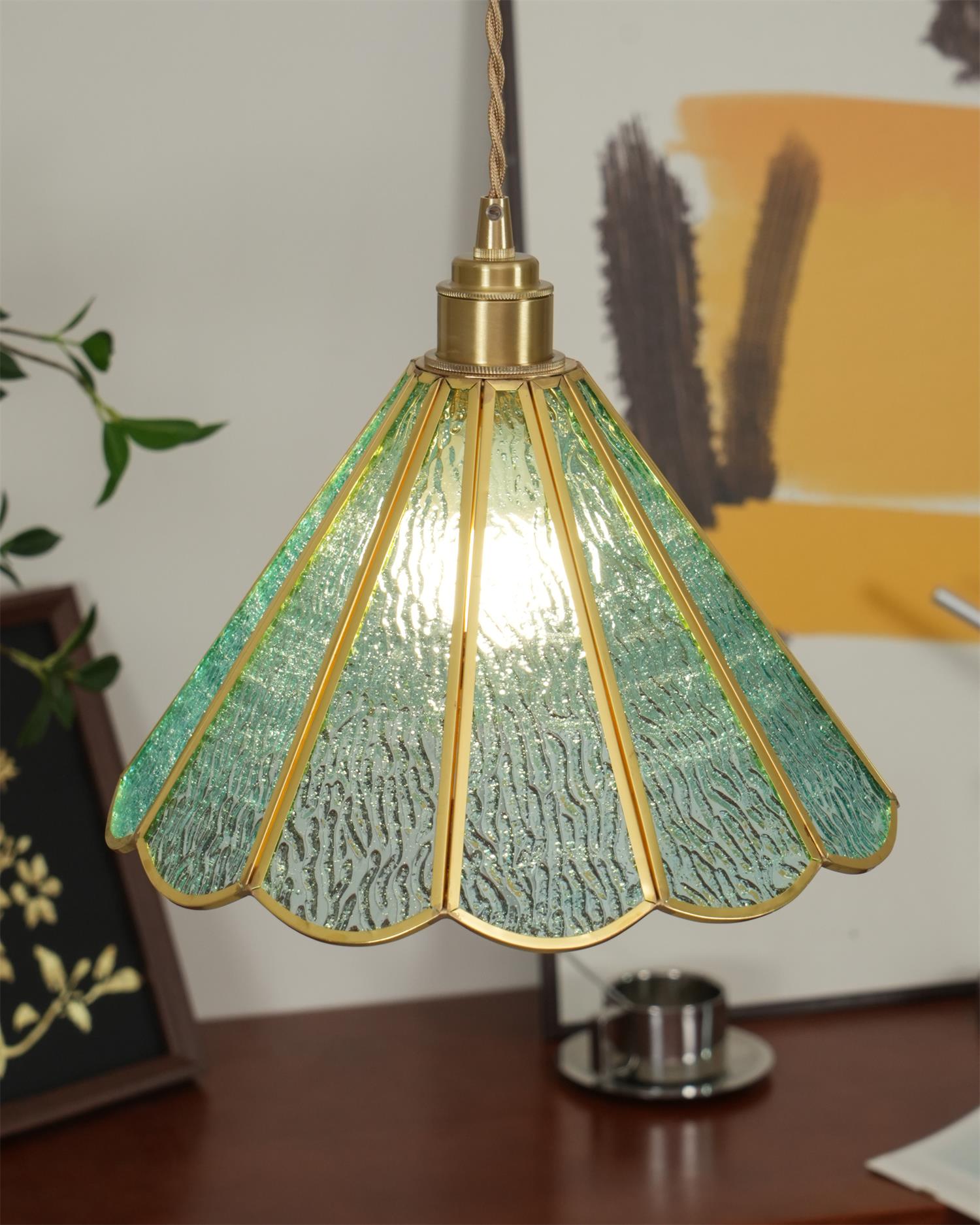 Pendant Lamp Textured Blue Glass Scalloped Brass