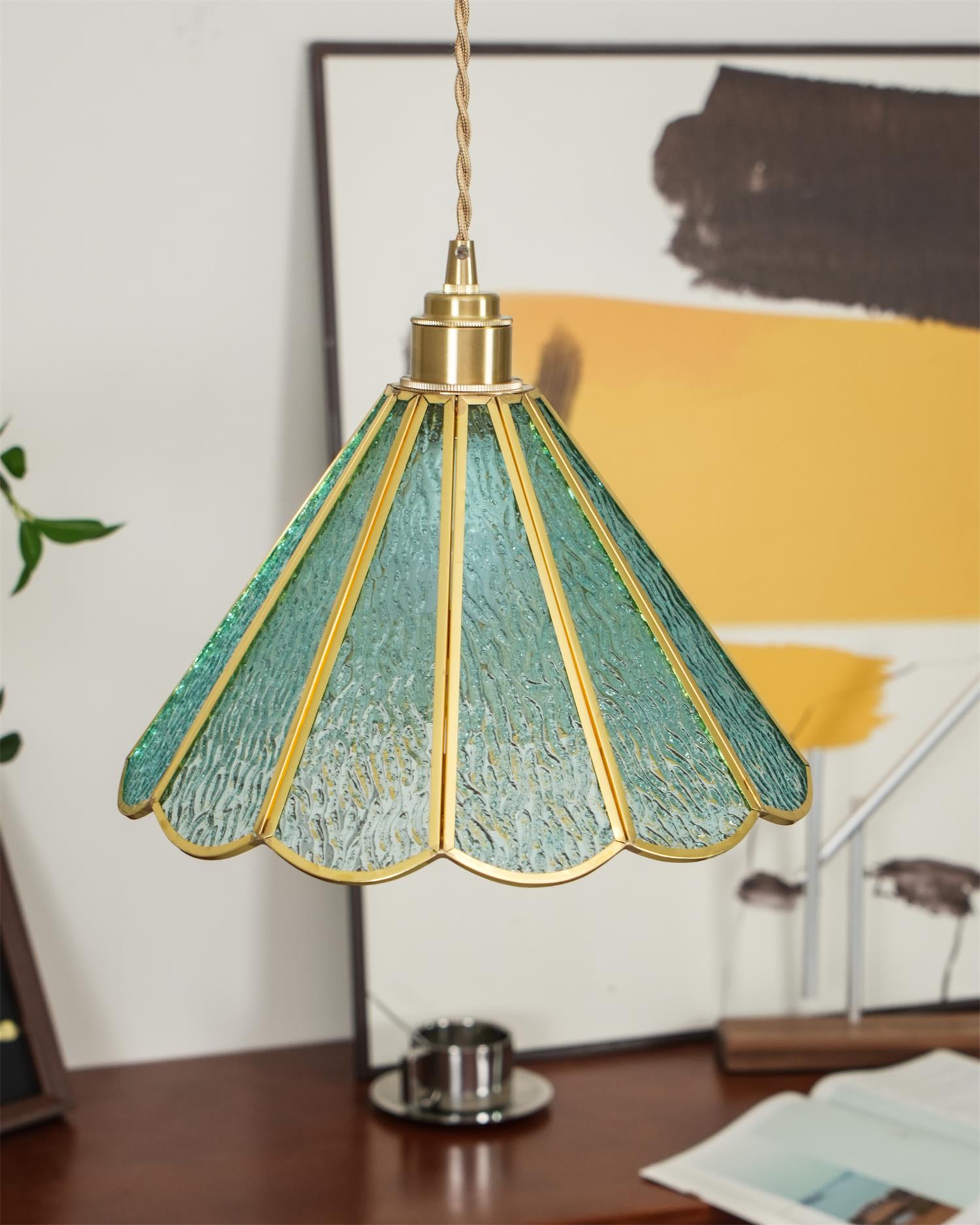 Pendant Lamp Textured Blue Glass Scalloped Brass