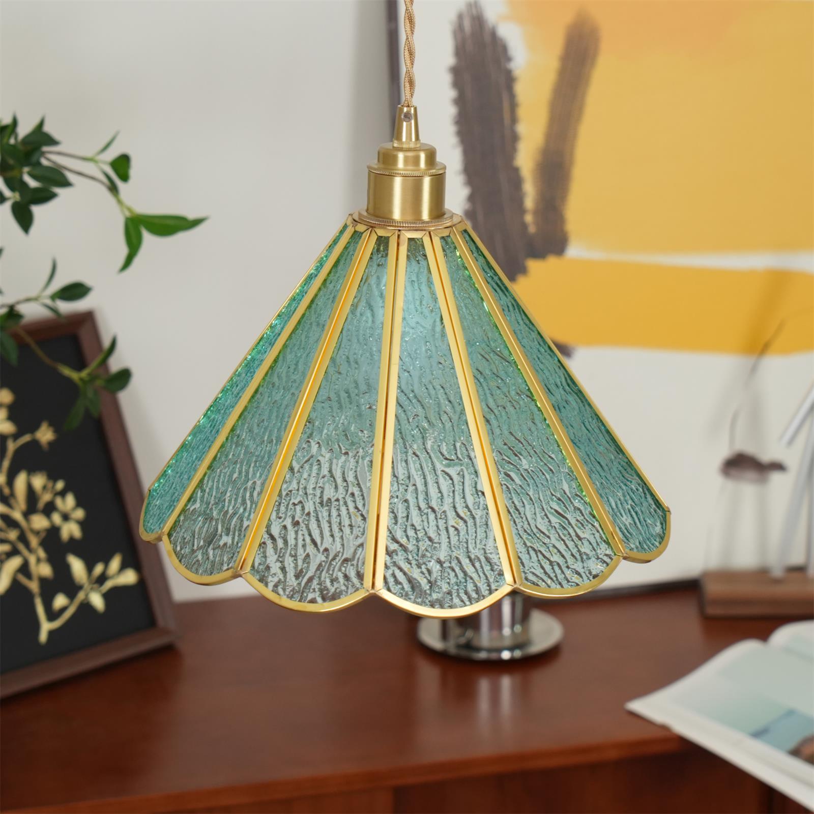 Pendant Lamp Textured Blue Glass Scalloped Brass