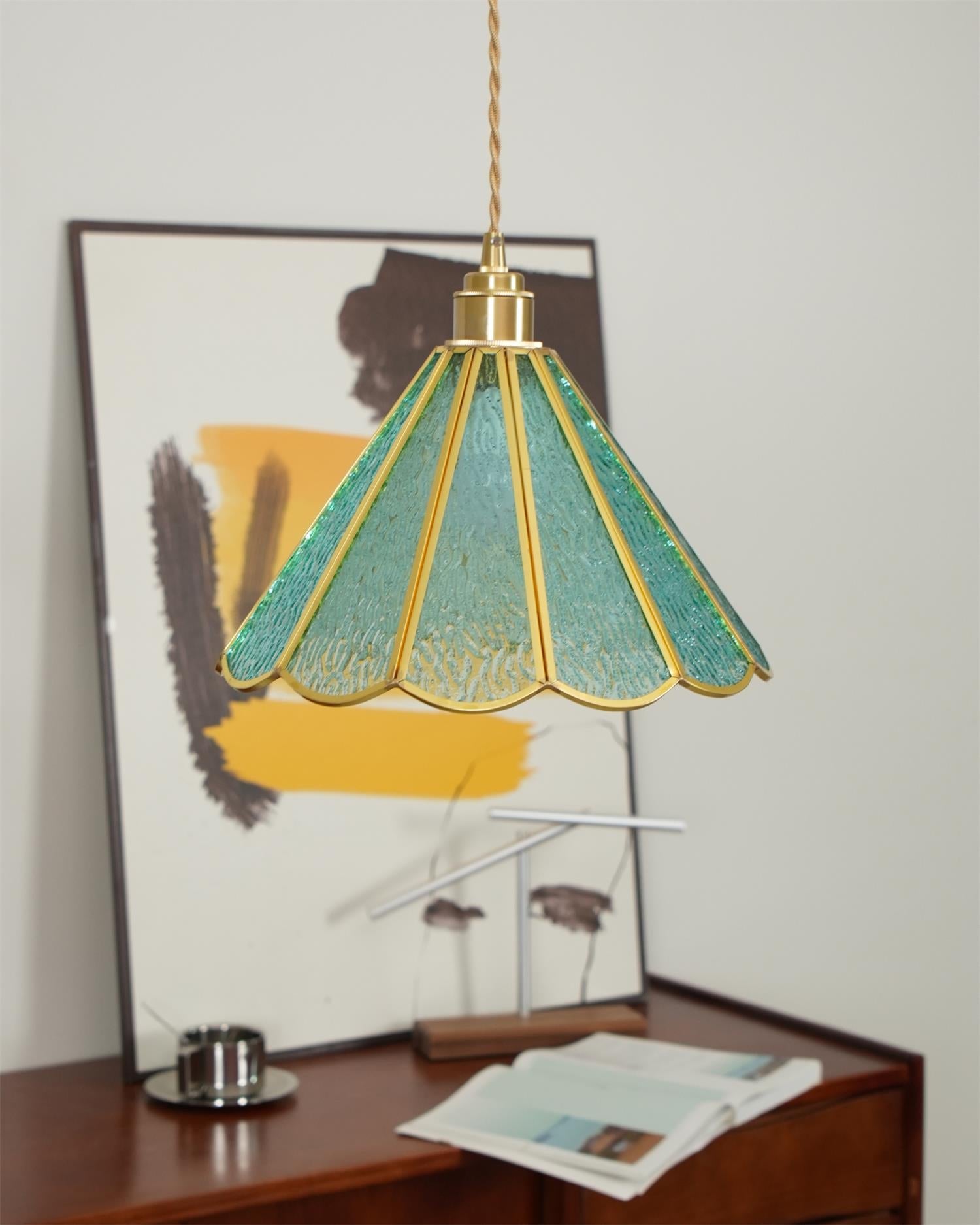 Pendant Lamp Textured Blue Glass Scalloped Brass