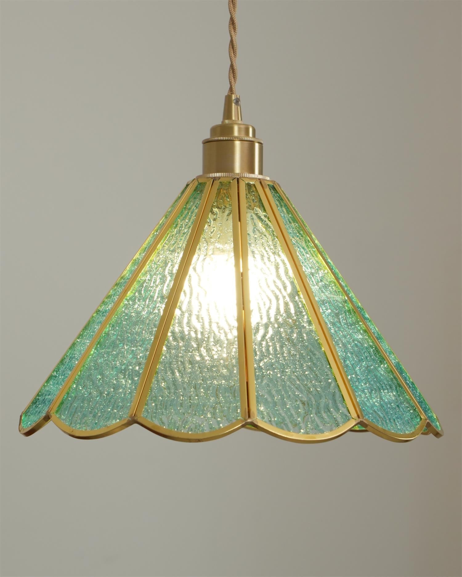 Pendant Lamp Textured Blue Glass Scalloped Brass