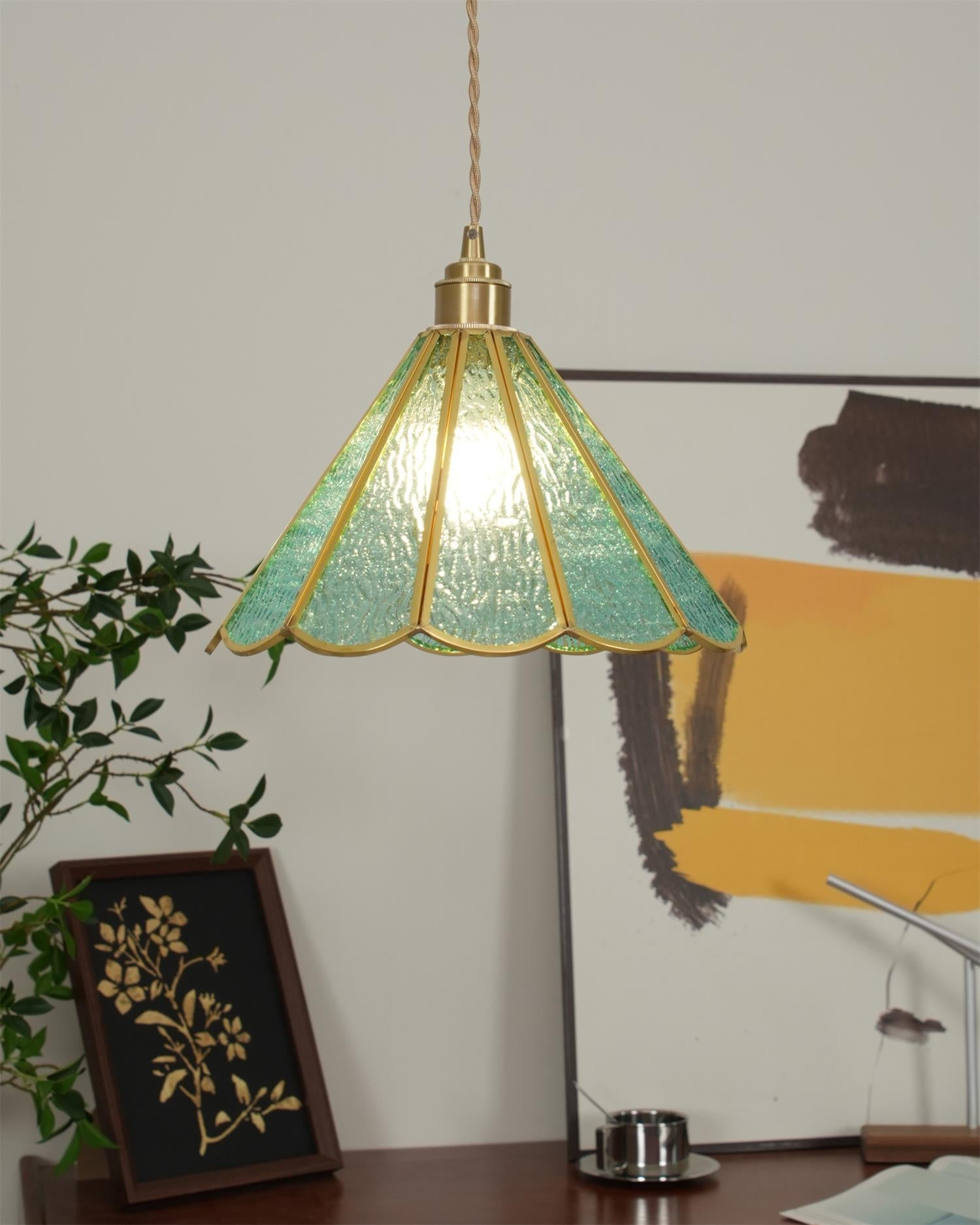 Pendant Lamp Textured Blue Glass Scalloped Brass
