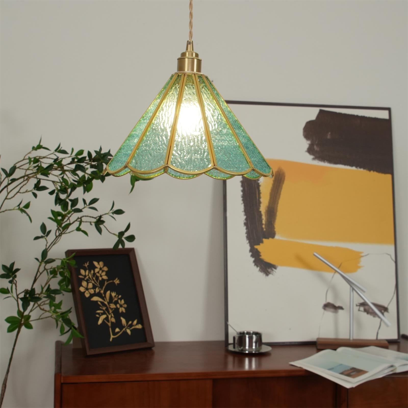 Pendant Lamp Textured Blue Glass Scalloped Brass