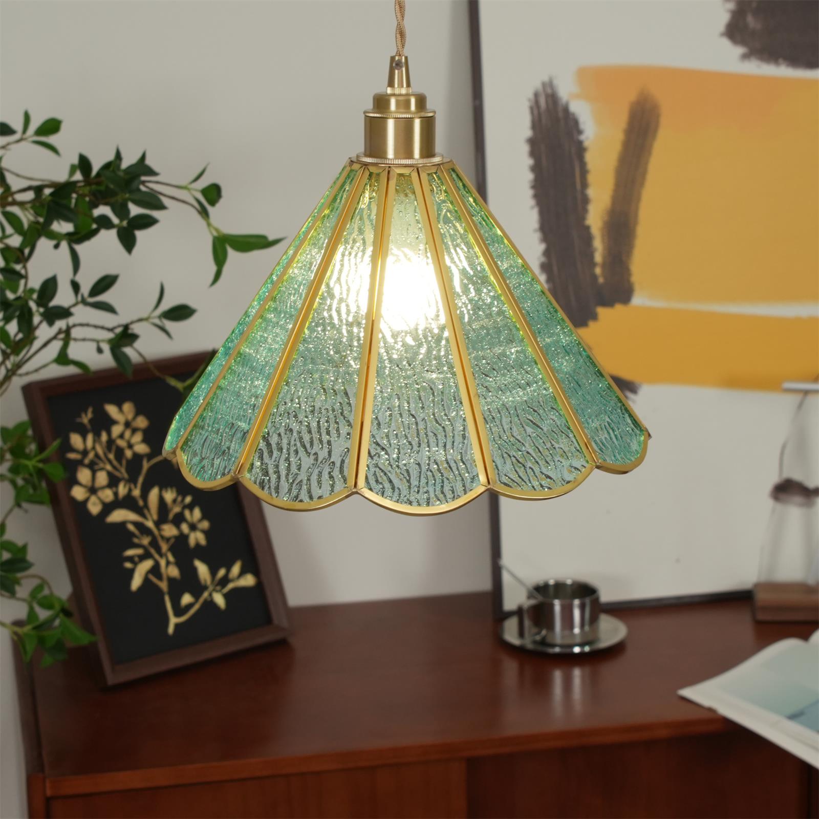 Pendant Lamp Textured Blue Glass Scalloped Brass