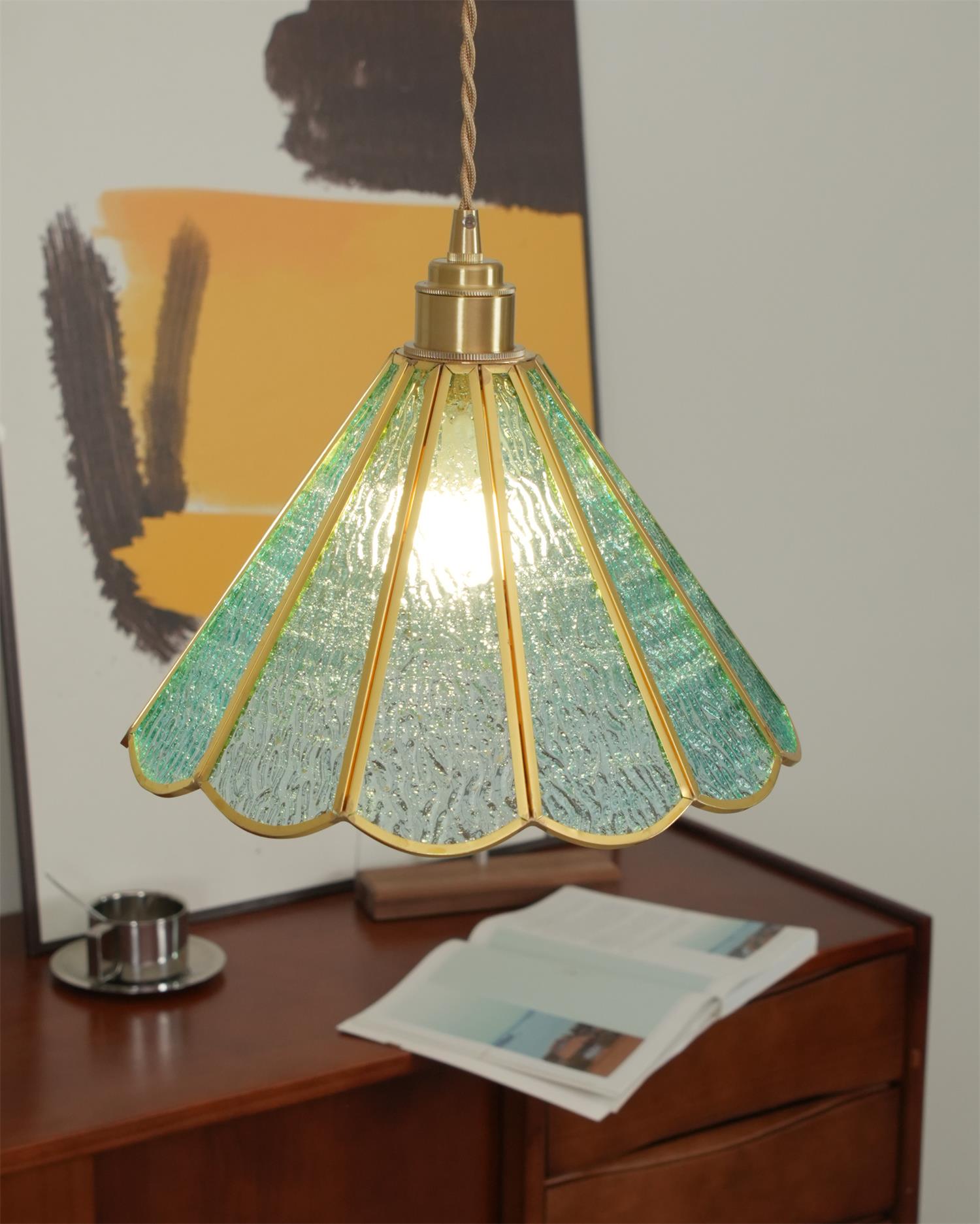 Pendant Lamp Textured Blue Glass Scalloped Brass