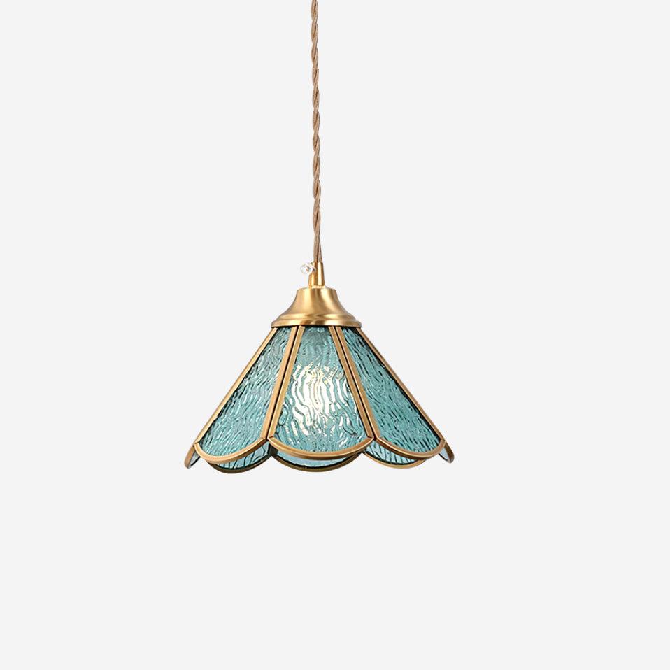 Pendant Lamp Textured Blue Glass Scalloped Brass