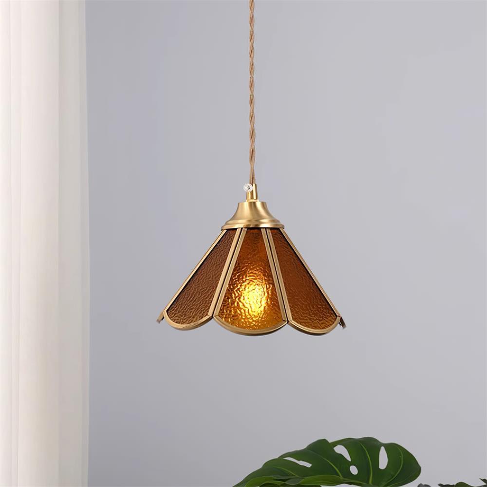 Pendant Lamp Textured Blue Glass Scalloped Brass