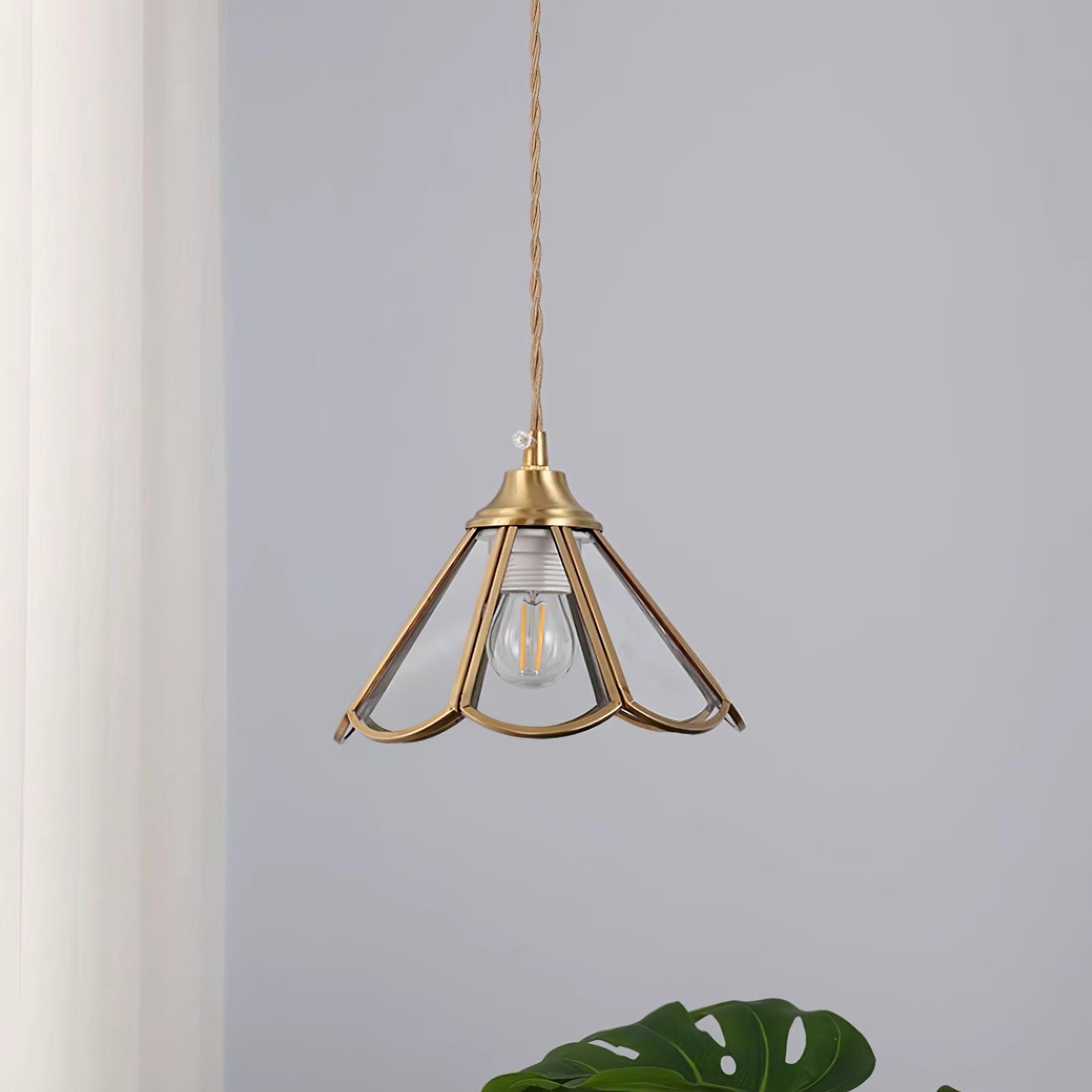 Pendant Lamp Textured Blue Glass Scalloped Brass