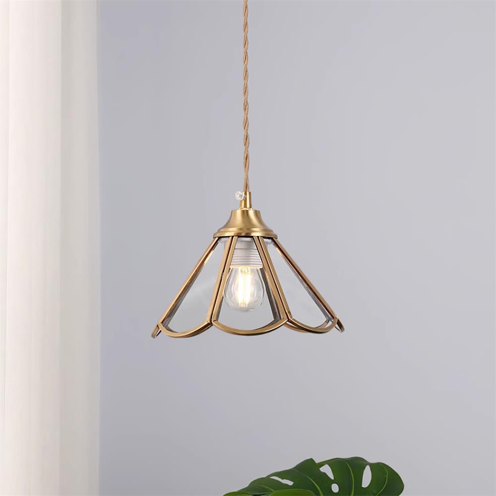 Pendant Lamp Textured Blue Glass Scalloped Brass