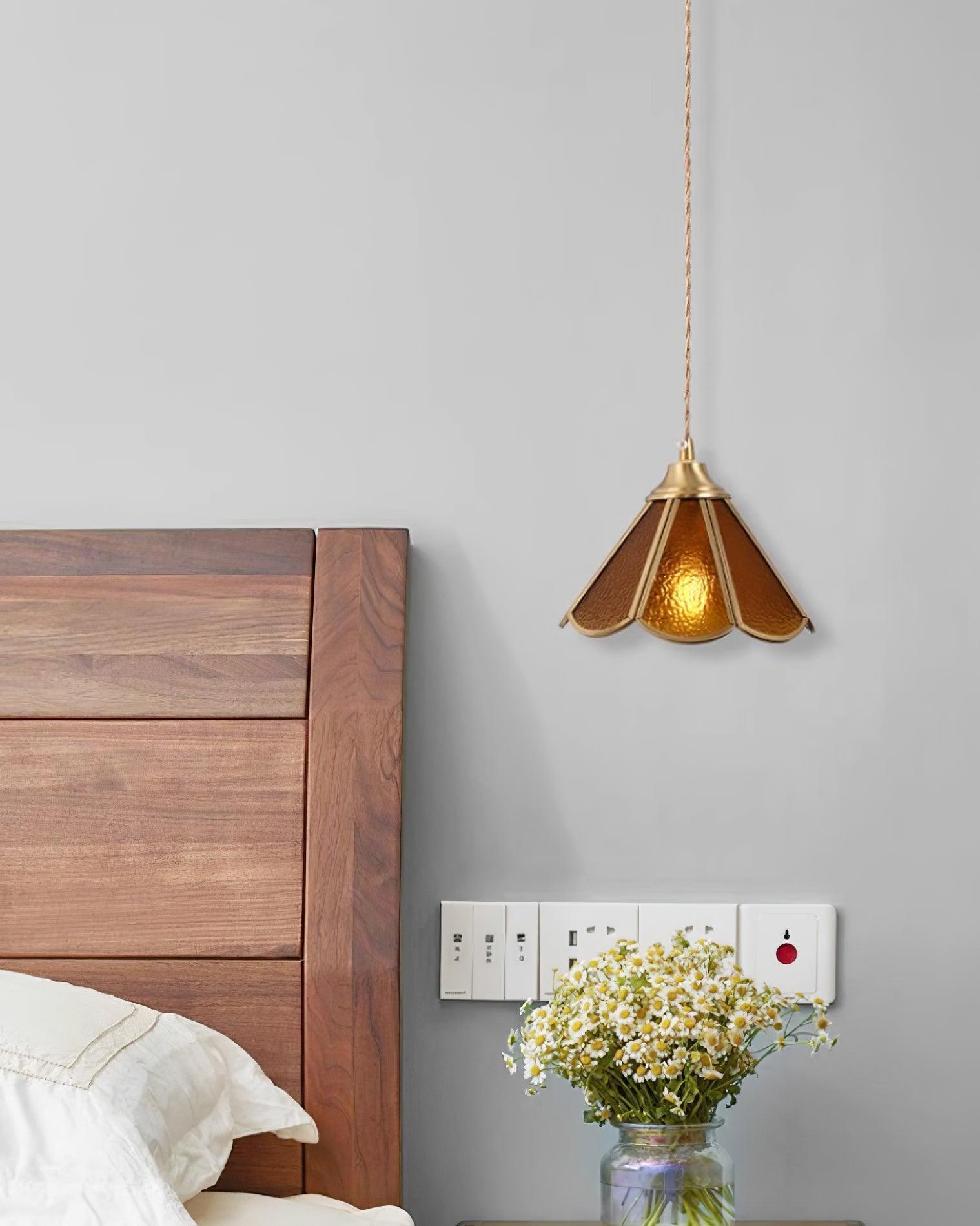 Pendant Lamp Textured Blue Glass Scalloped Brass