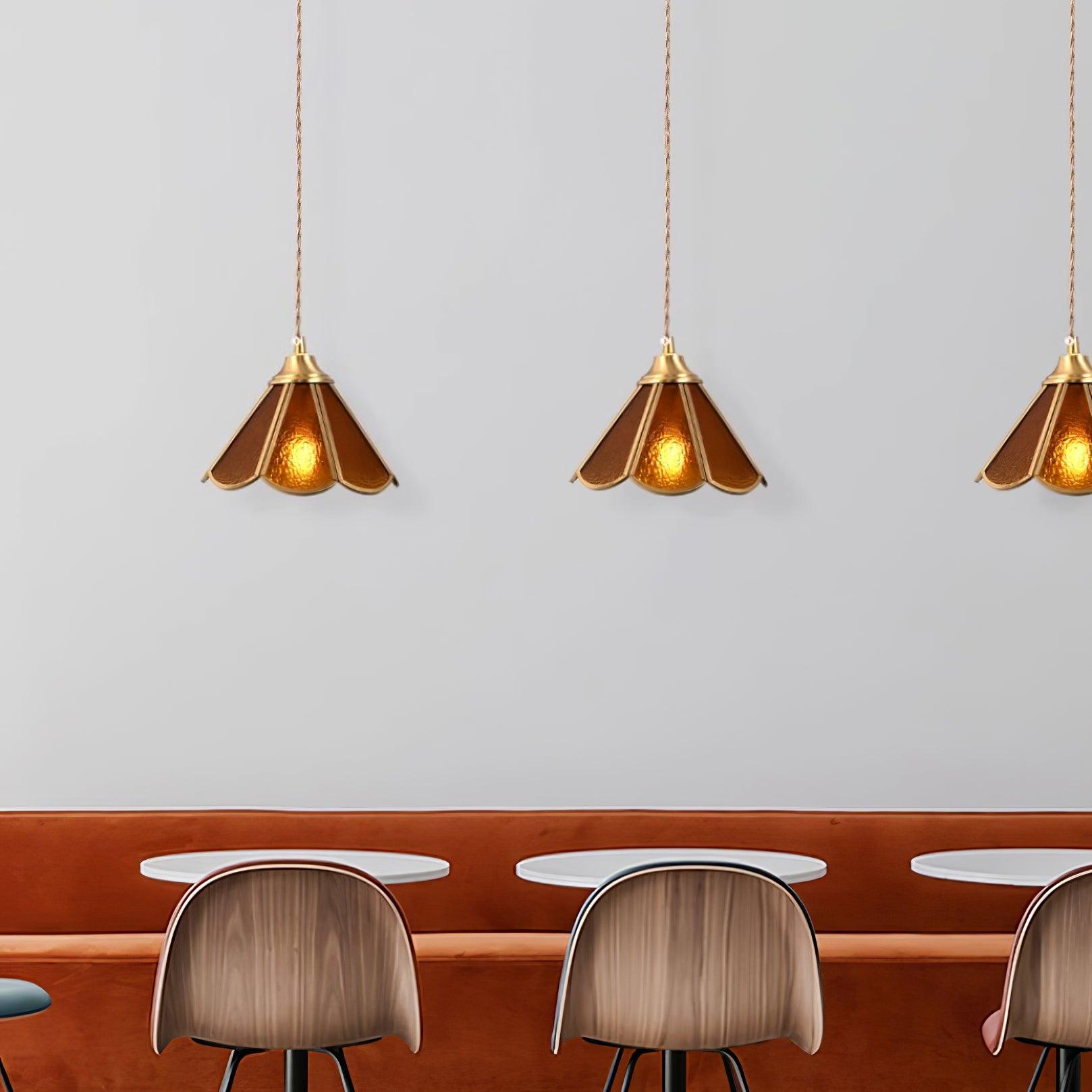Pendant Lamp Textured Blue Glass Scalloped Brass