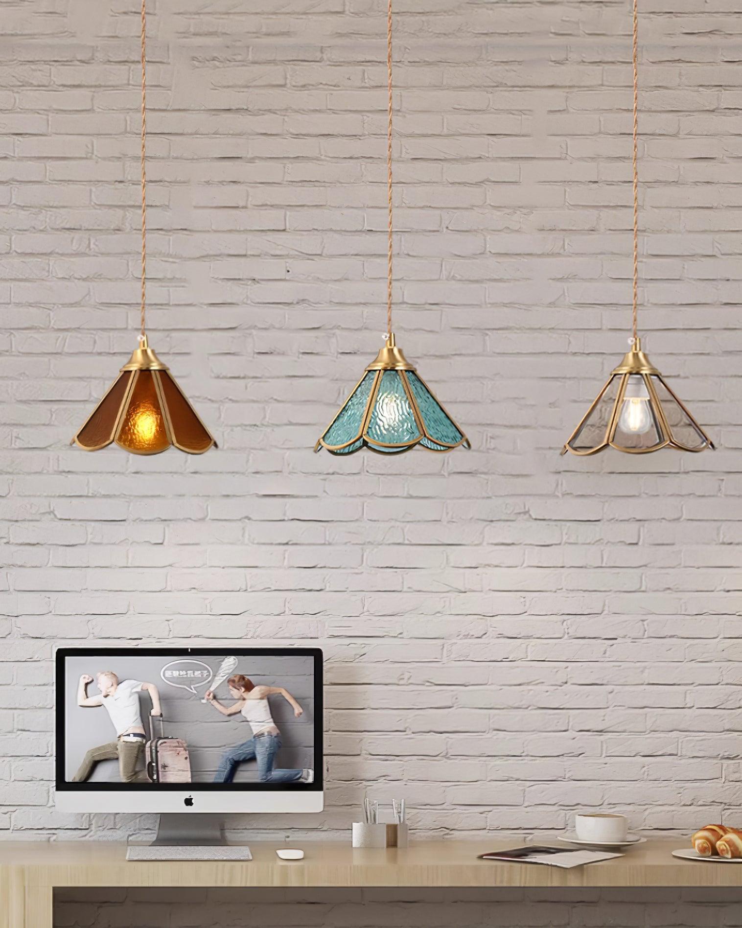 Pendant Lamp Textured Blue Glass Scalloped Brass