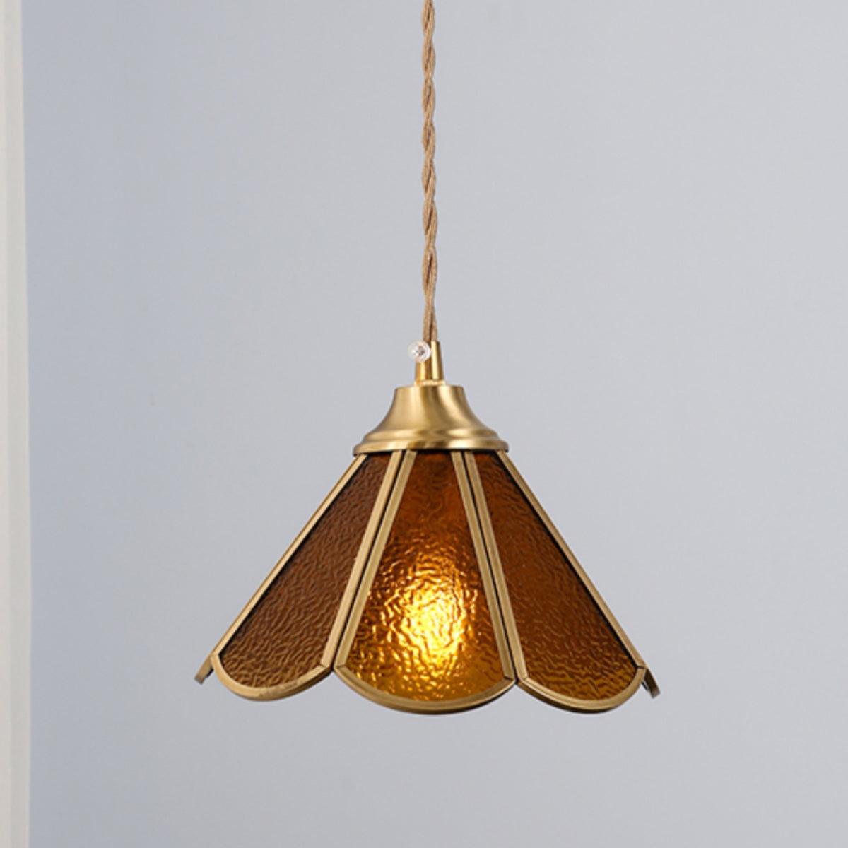 Pendant Lamp Textured Blue Glass Scalloped Brass