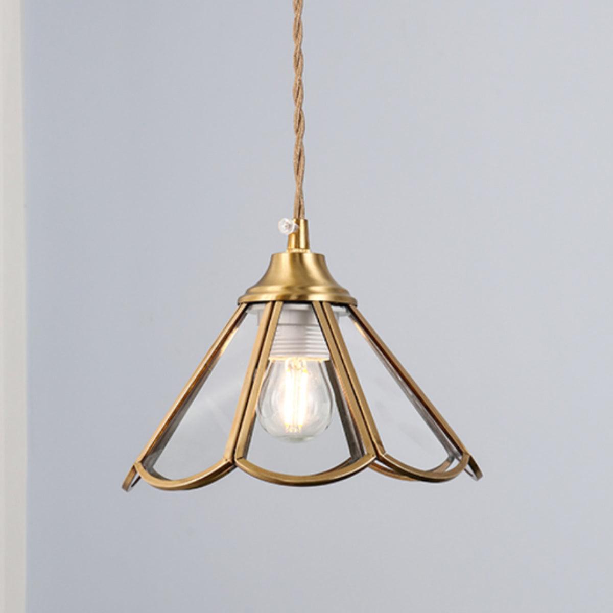 Pendant Lamp Textured Blue Glass Scalloped Brass
