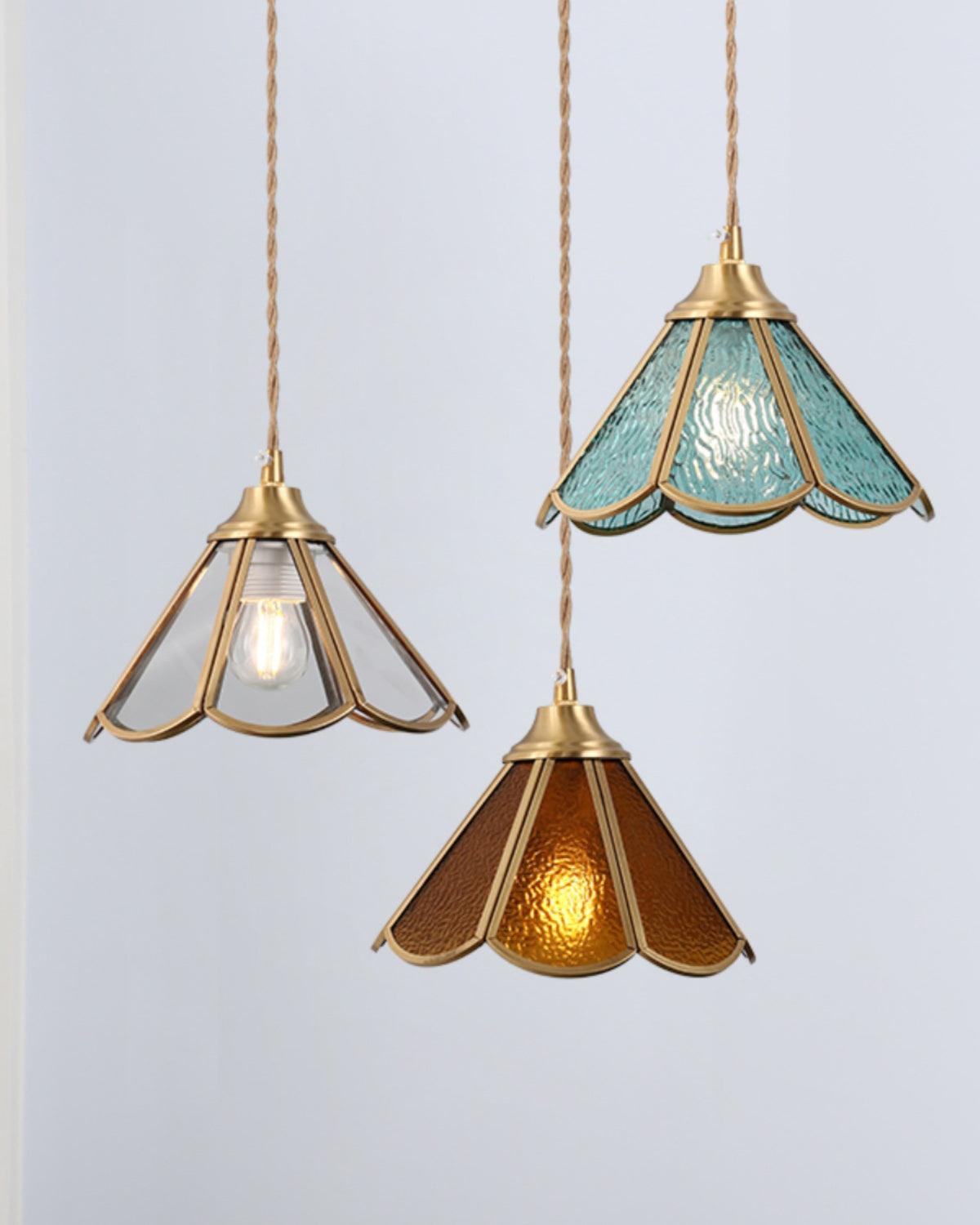 Pendant Lamp Textured Blue Glass Scalloped Brass