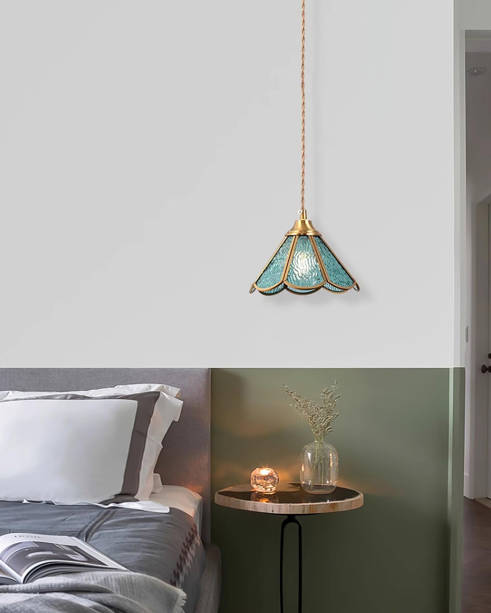 Pendant Lamp Textured Blue Glass Scalloped Brass