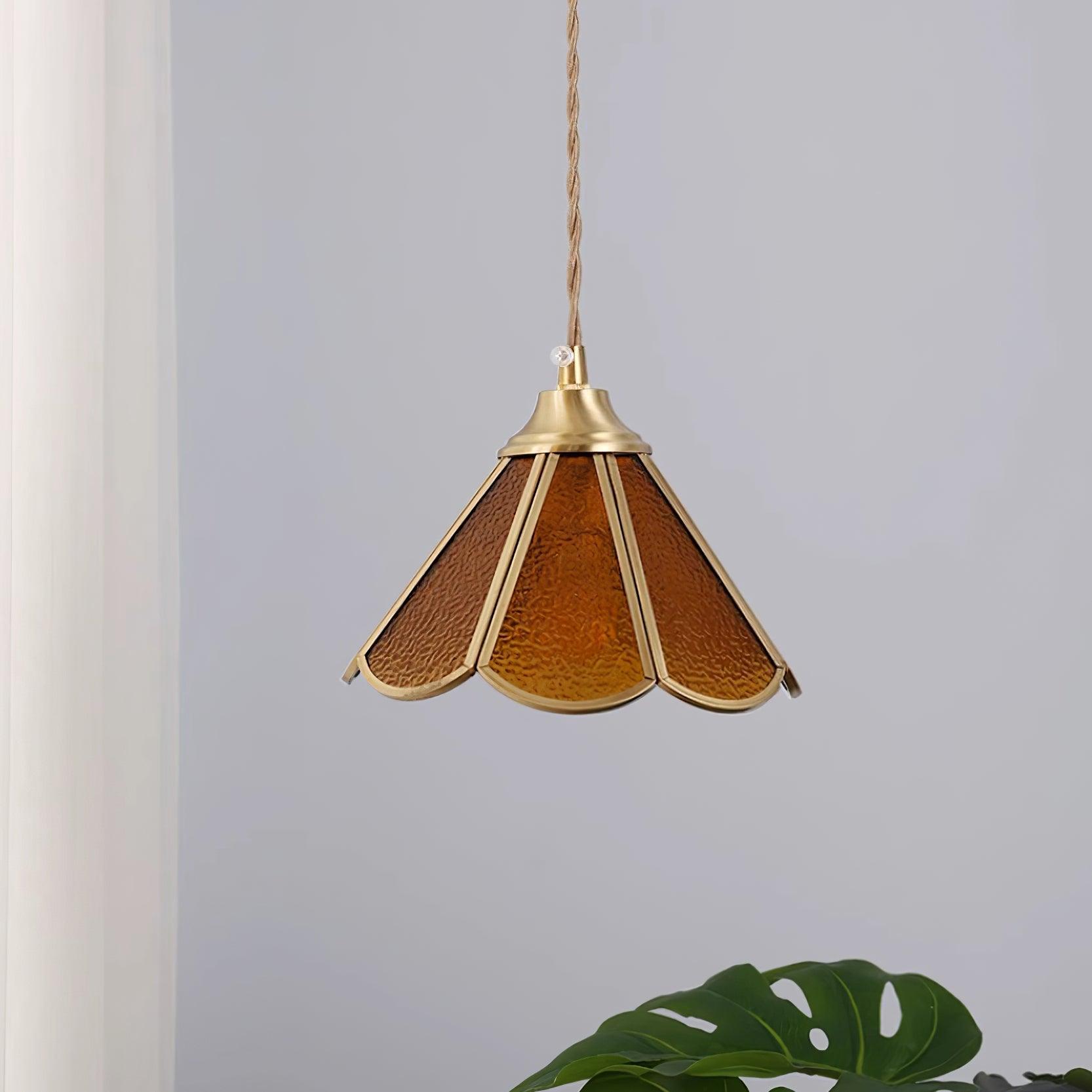Pendant Lamp Textured Blue Glass Scalloped Brass