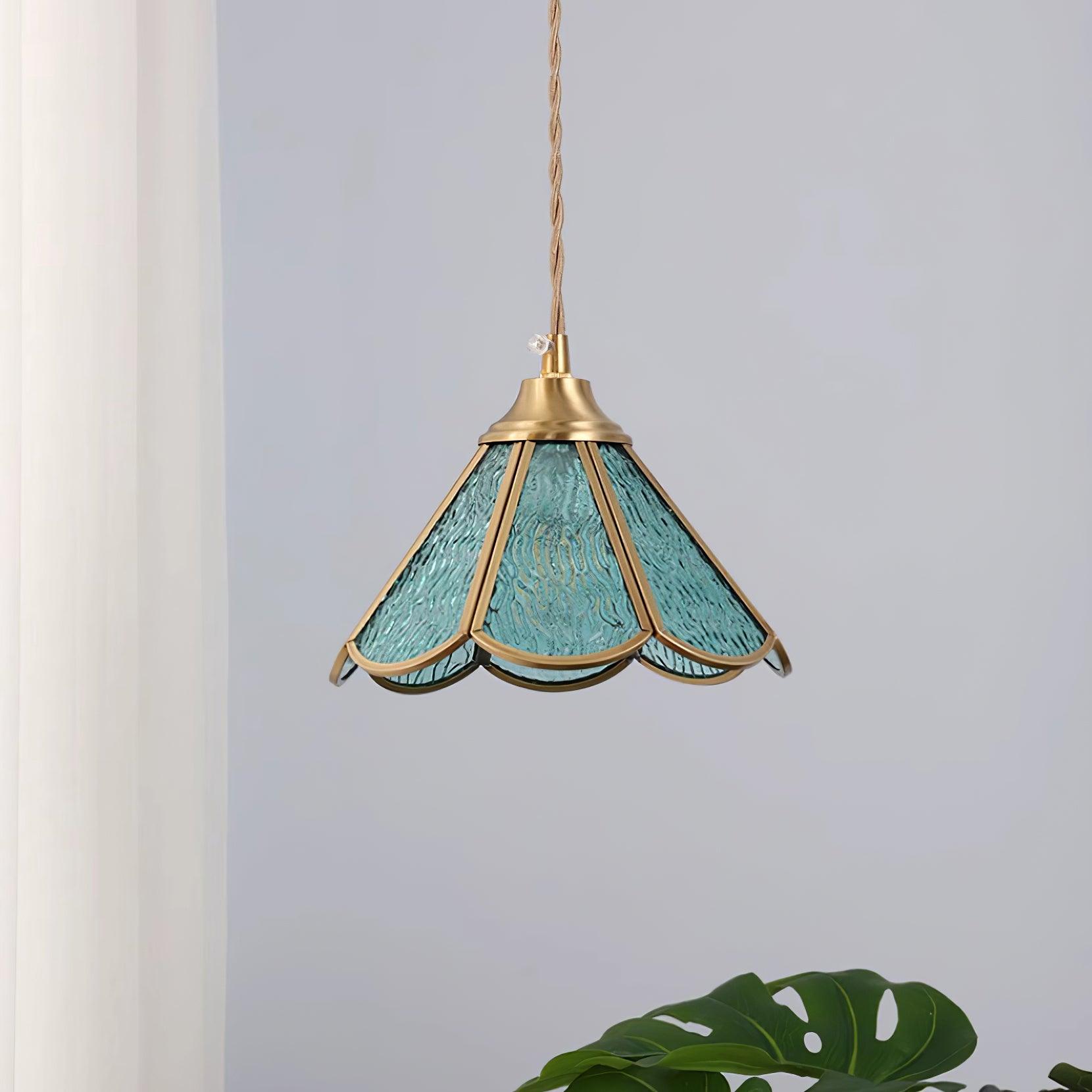 Pendant Lamp Textured Blue Glass Scalloped Brass