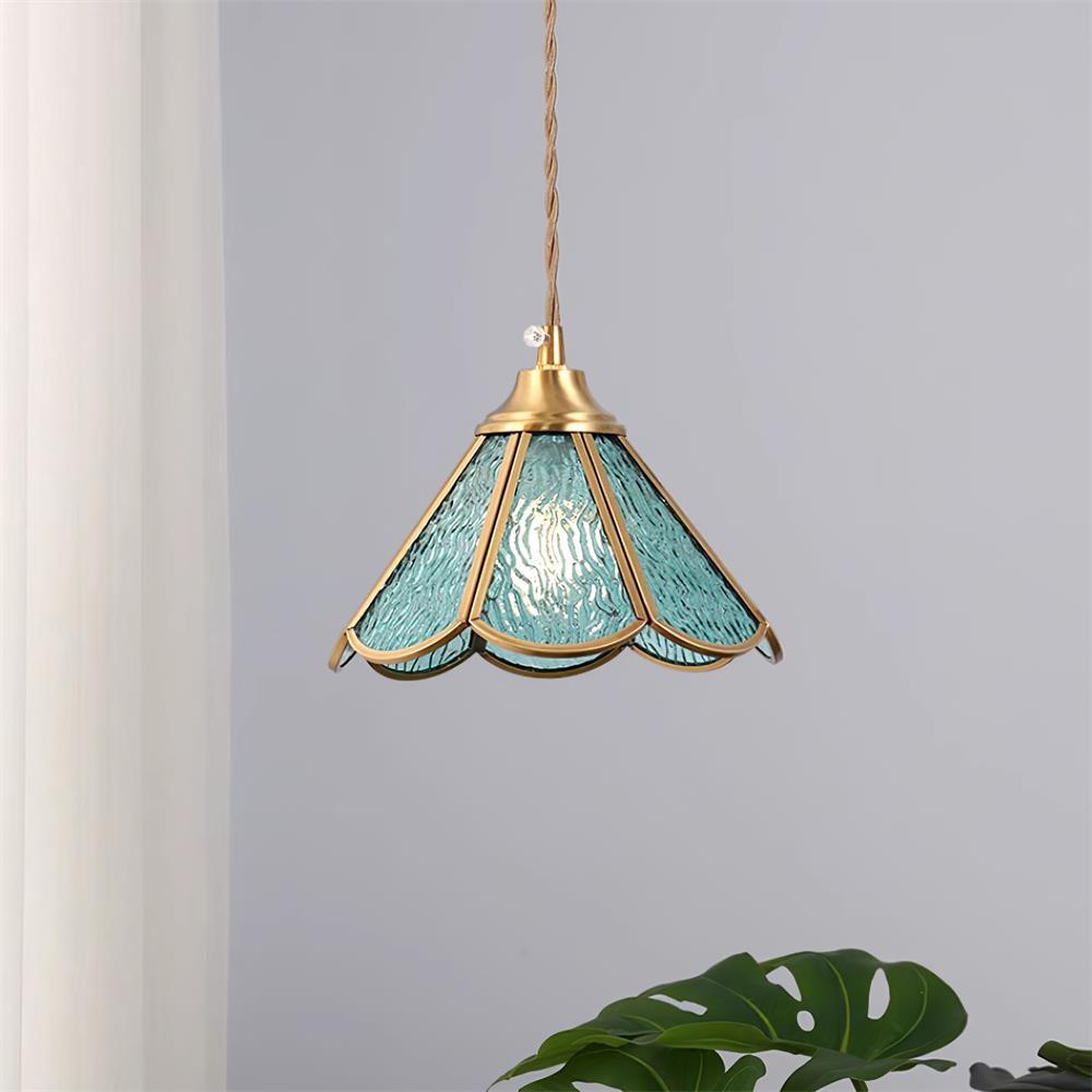 Pendant Lamp Textured Blue Glass Scalloped Brass