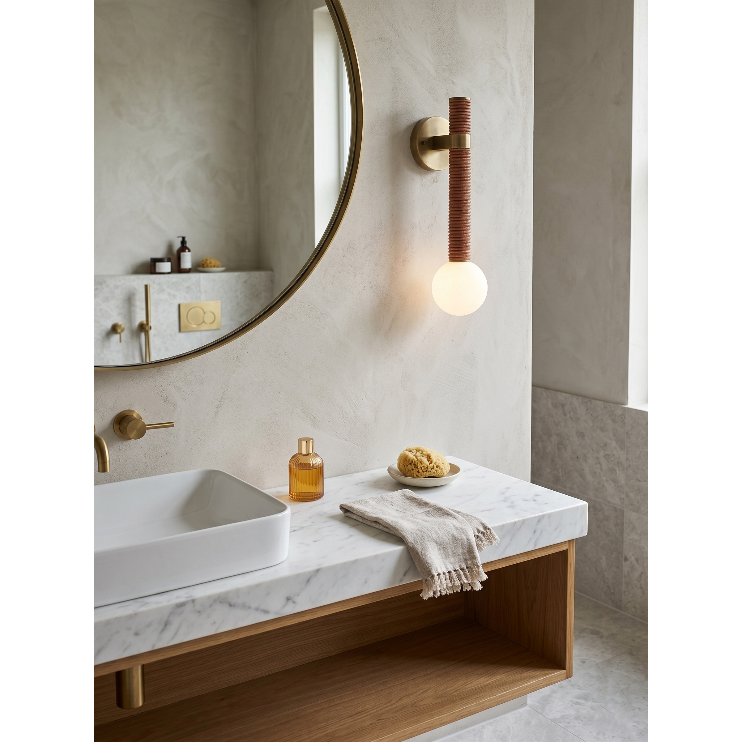 Side profile of the Threadline Globe Wall Sconce with brown leather.