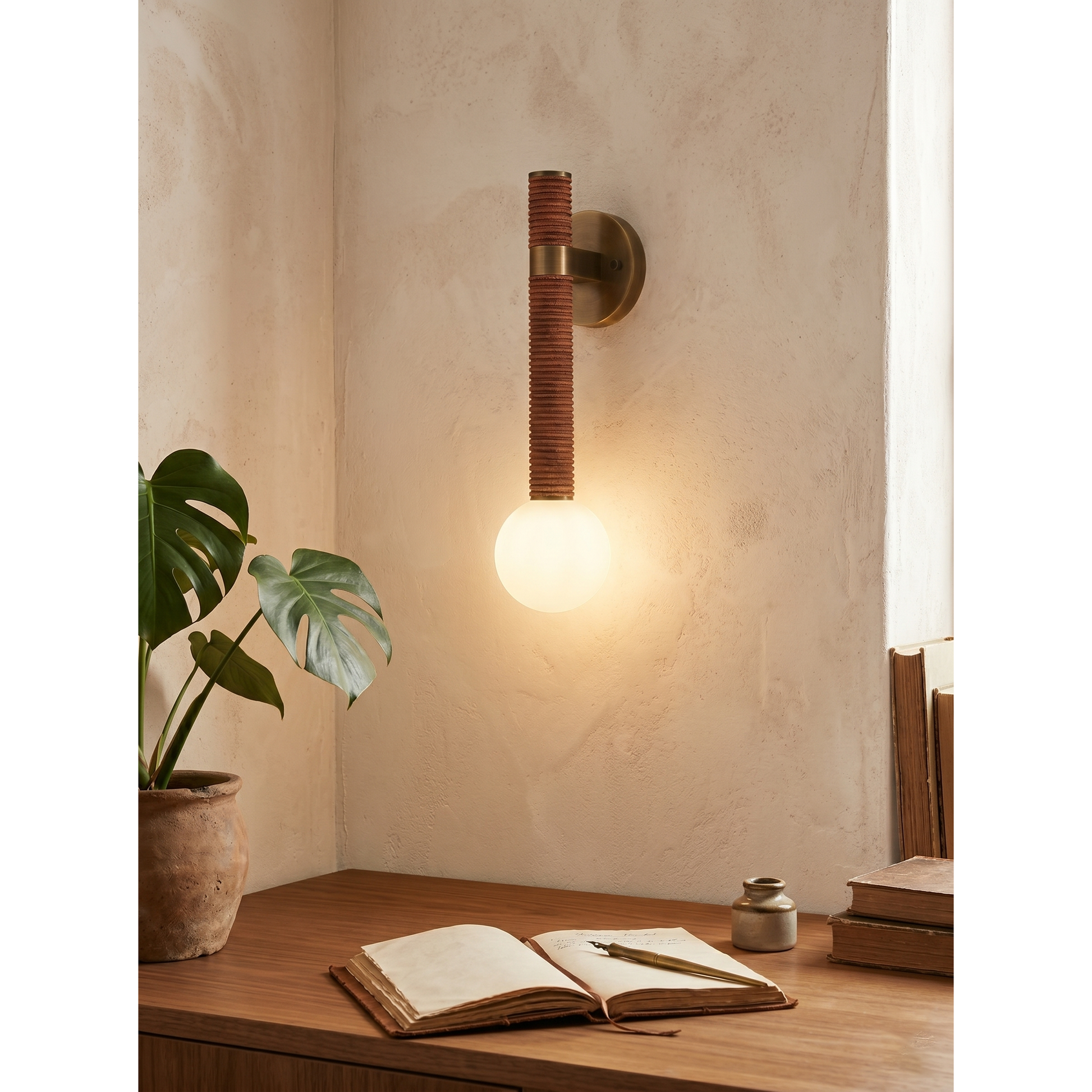 Side profile of the Threadline Globe Wall Sconce with black leather.