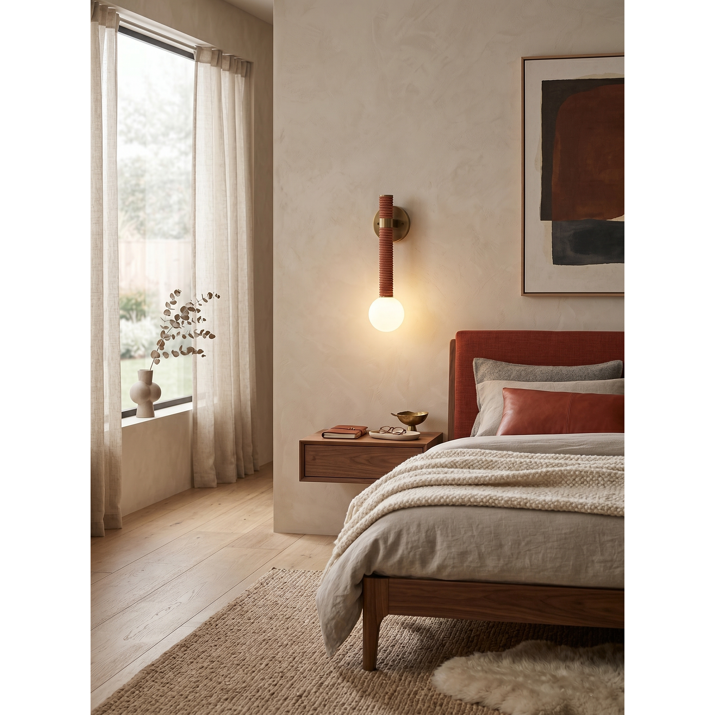 Front view of the Threadline Globe Wall Sconce with a stacked leather body.