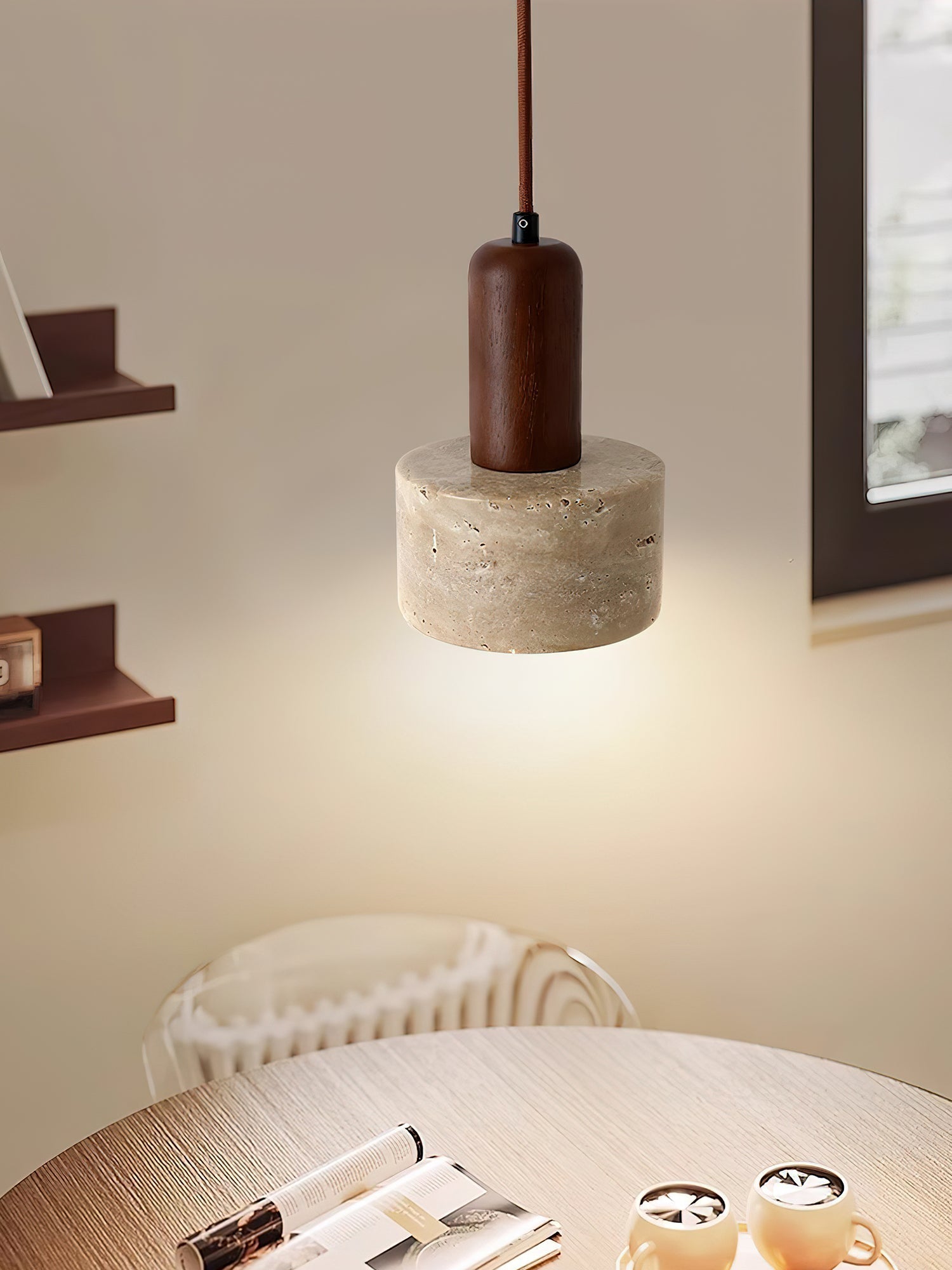 Jlynis Dual-Material Travertine Pendant Light-Neutral Decor