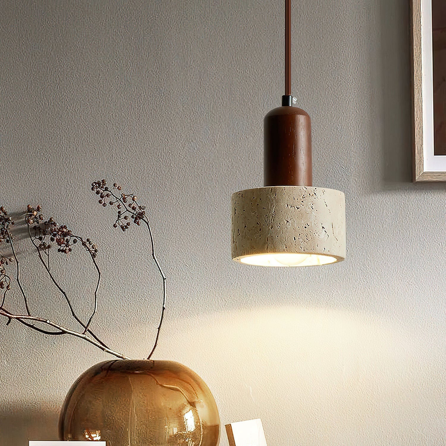 Jlynis Dual-Material Travertine Pendant Light-Neutral Decor