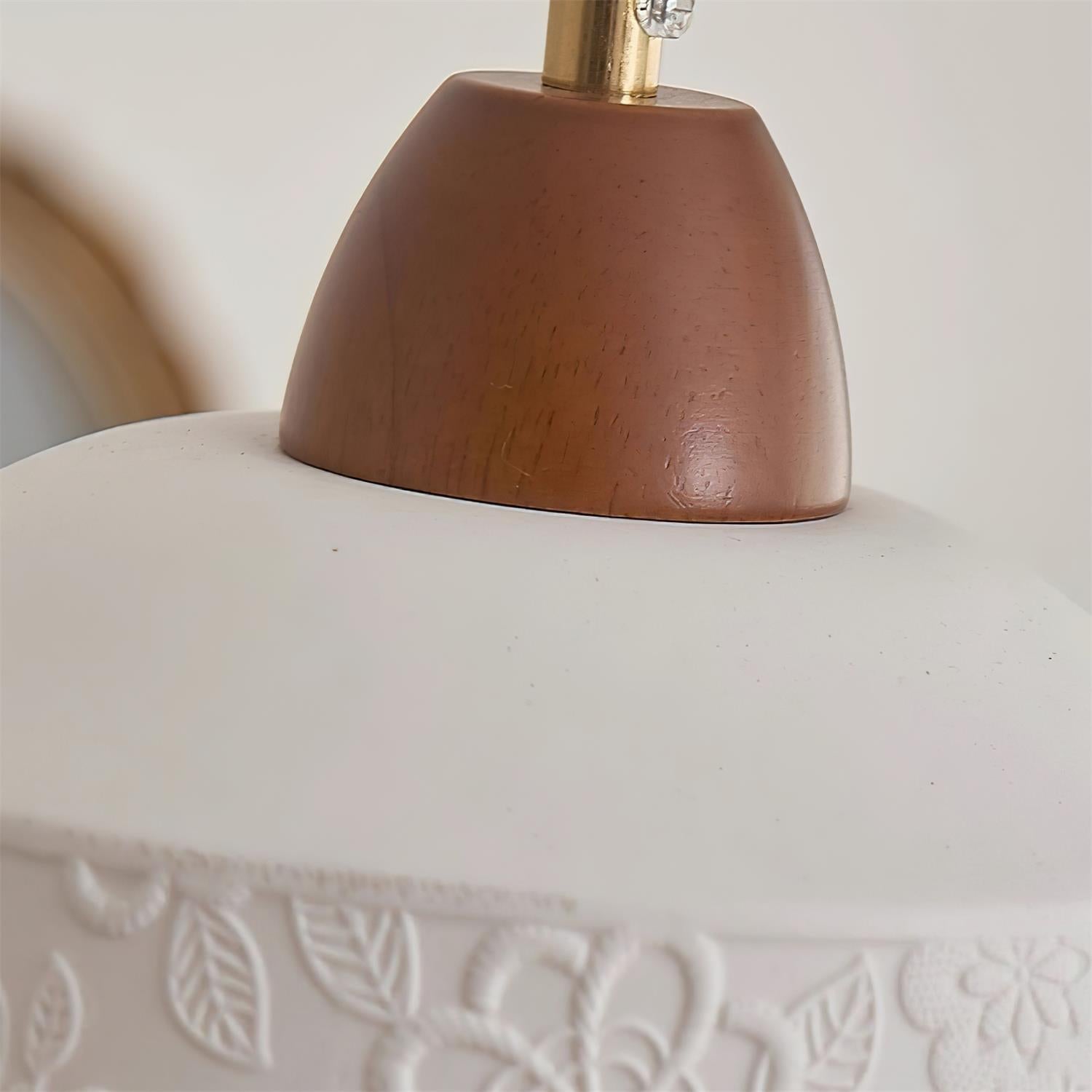 Pendant Lamp Textured Ceramic Drum Walnut Wood Retro
