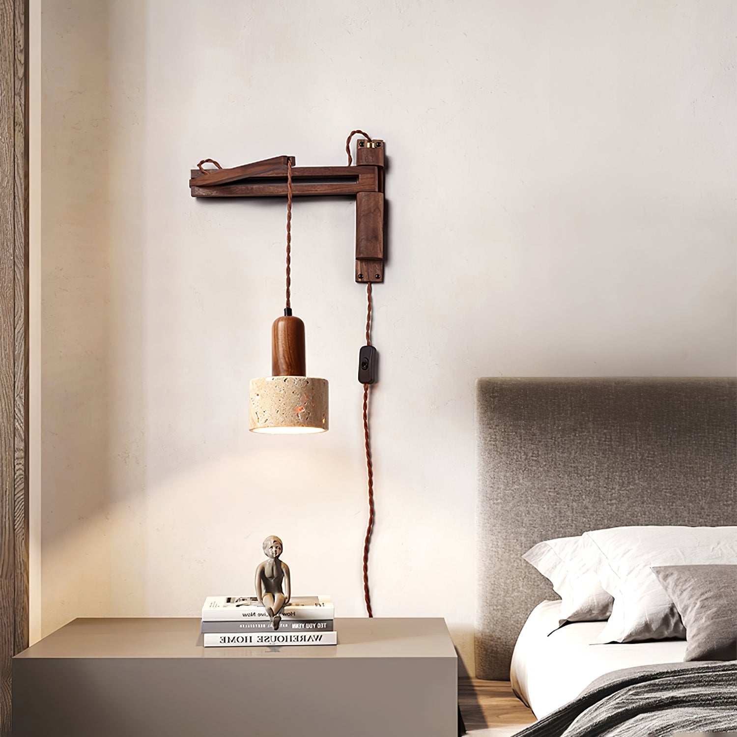 Fossil Travertine Swing Arm Wall Lamp Plug-in-Neutral Decor