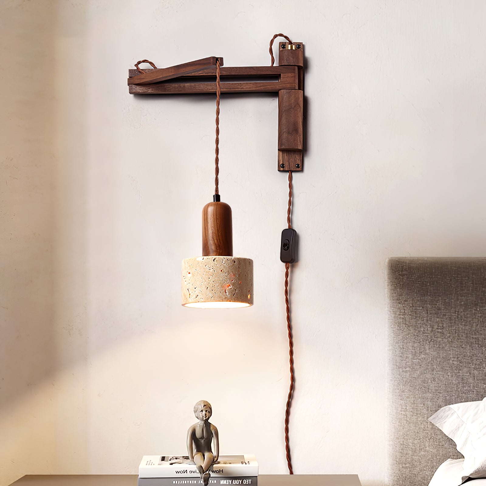 Fossil Travertine Swing Arm Wall Lamp Plug-in-Neutral Decor