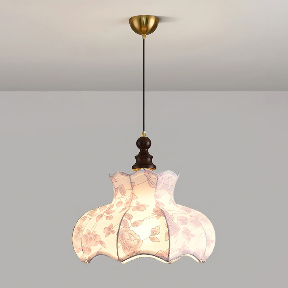 Pendant Lamp Metal and Wood Fabric Vintage Floral Elegant