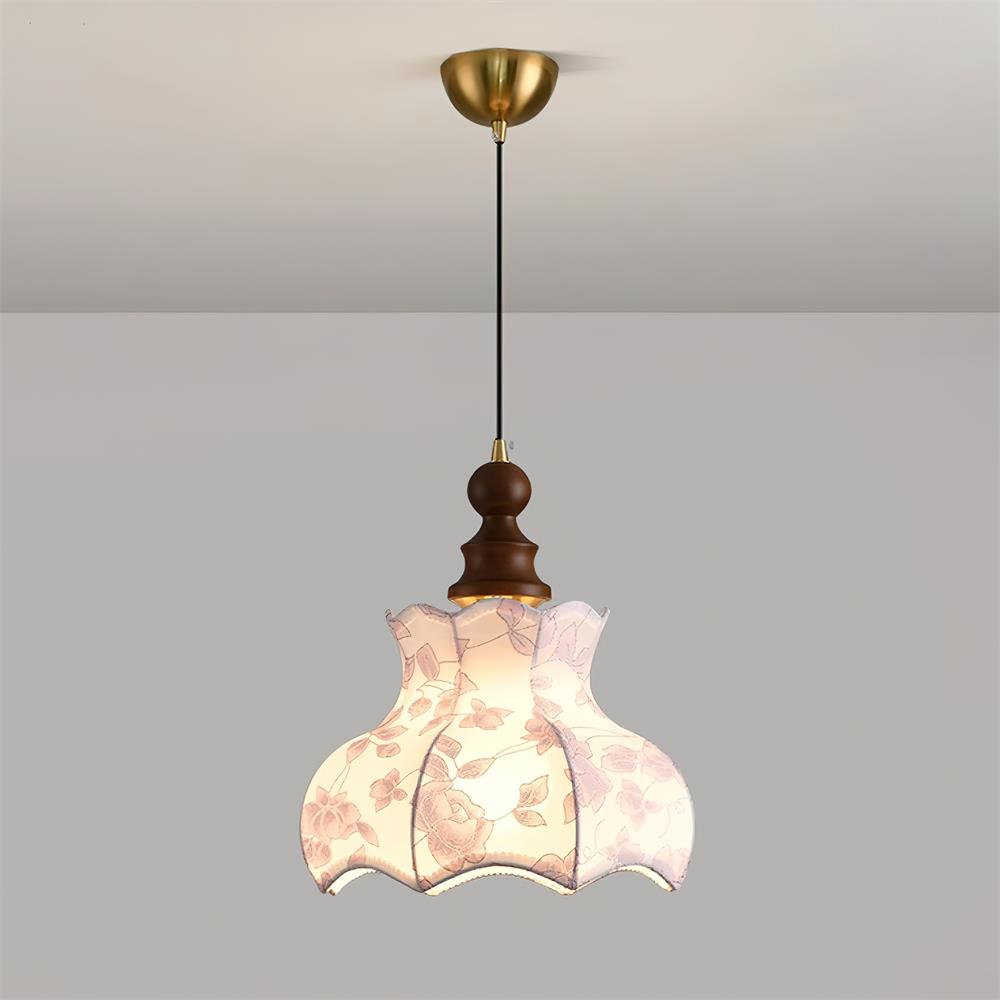 Pendant Lamp Metal and Wood Fabric Vintage Floral Elegant