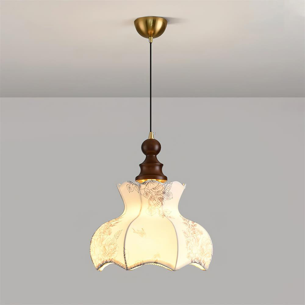 Pendant Lamp Metal and Wood Fabric Vintage Floral Elegant