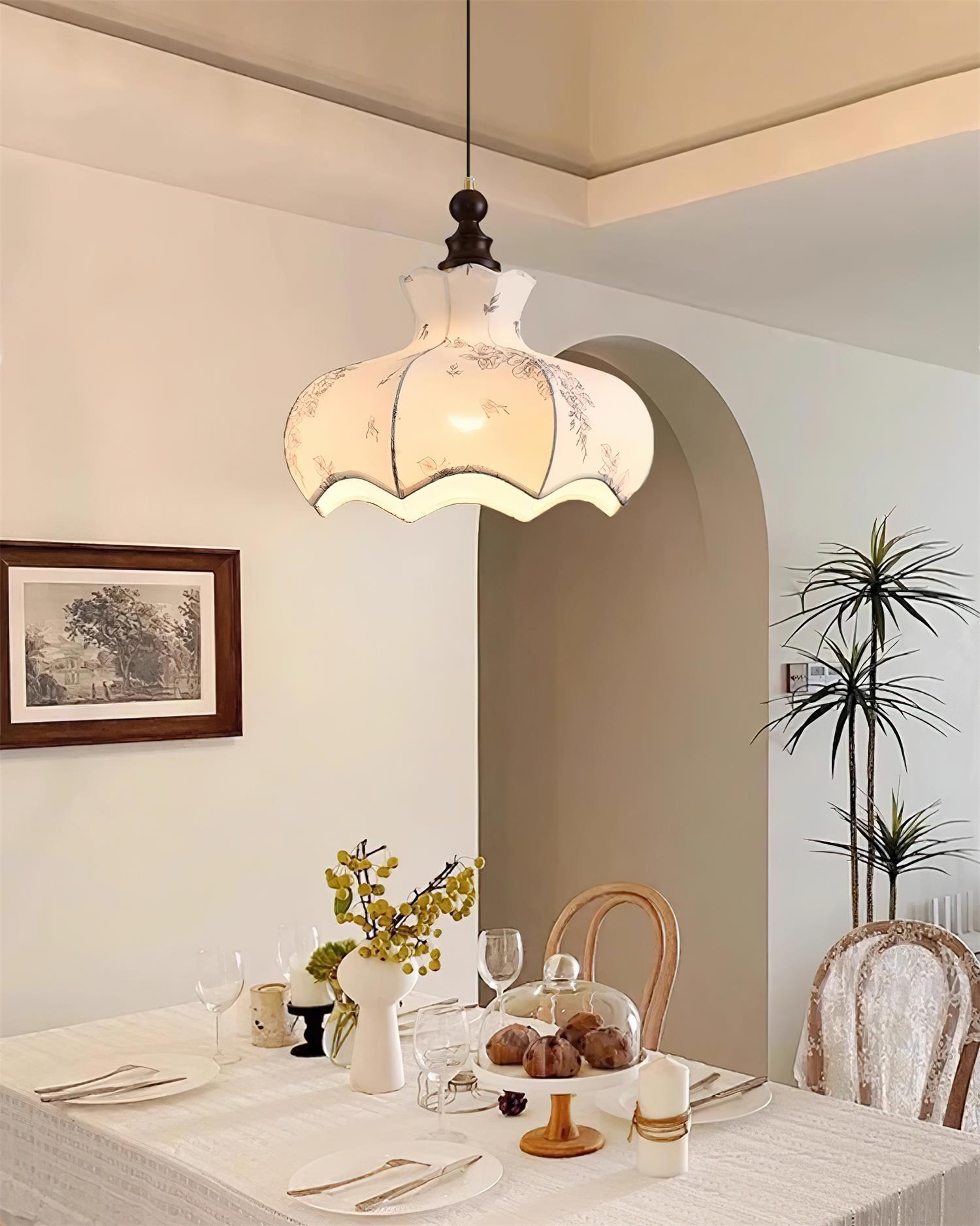 Pendant Lamp Metal and Wood Fabric Vintage Floral Elegant