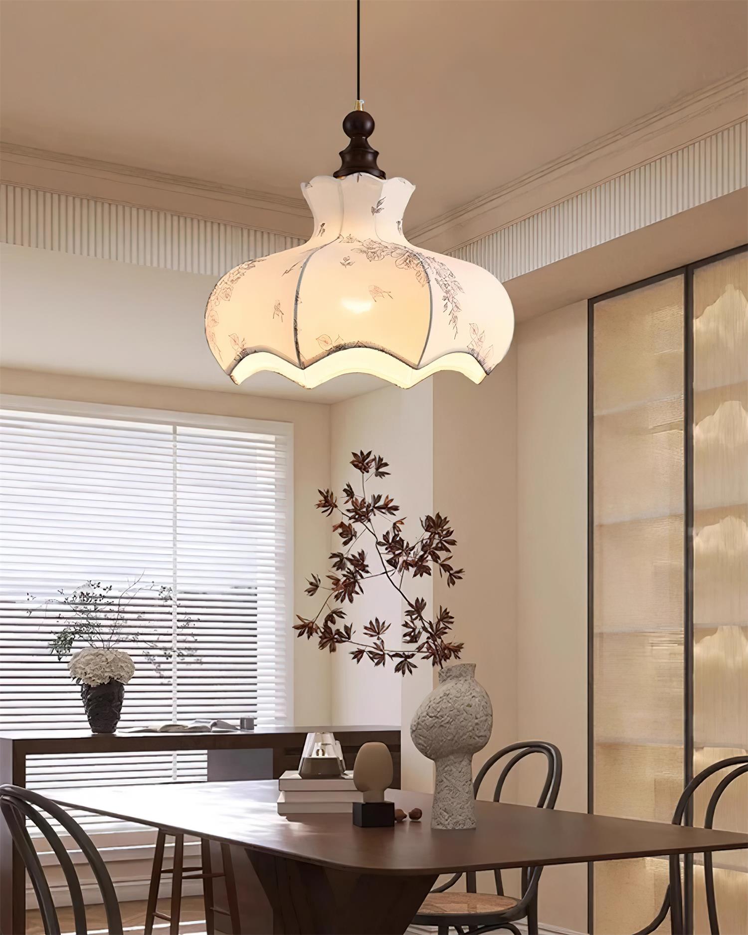 Pendant Lamp Metal and Wood Fabric Vintage Floral Elegant