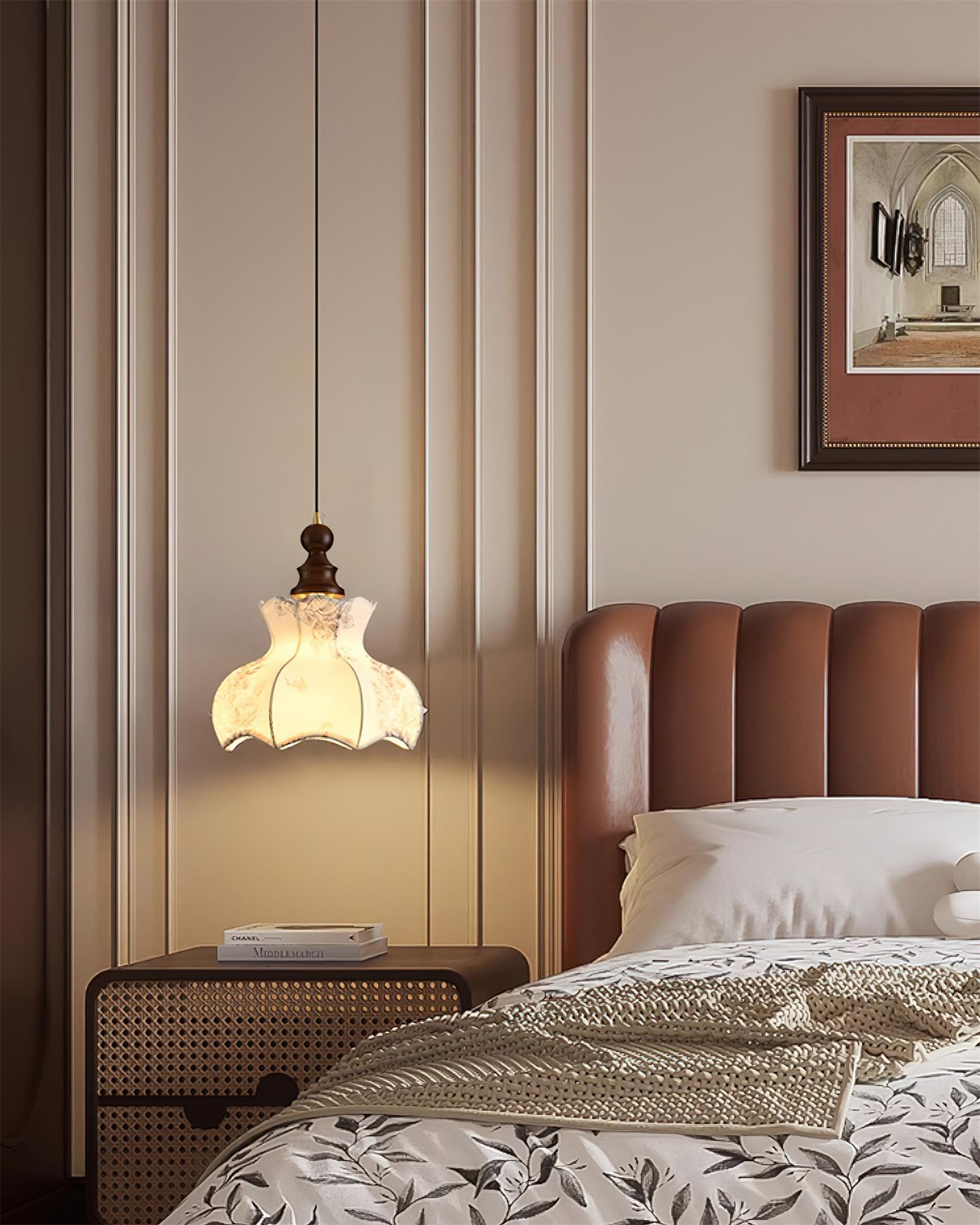 Pendant Lamp Metal and Wood Fabric Vintage Floral Elegant