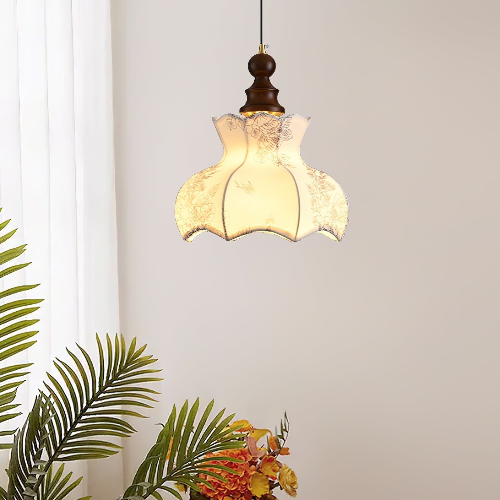 Pendant Lamp Metal and Wood Fabric Vintage Floral Elegant
