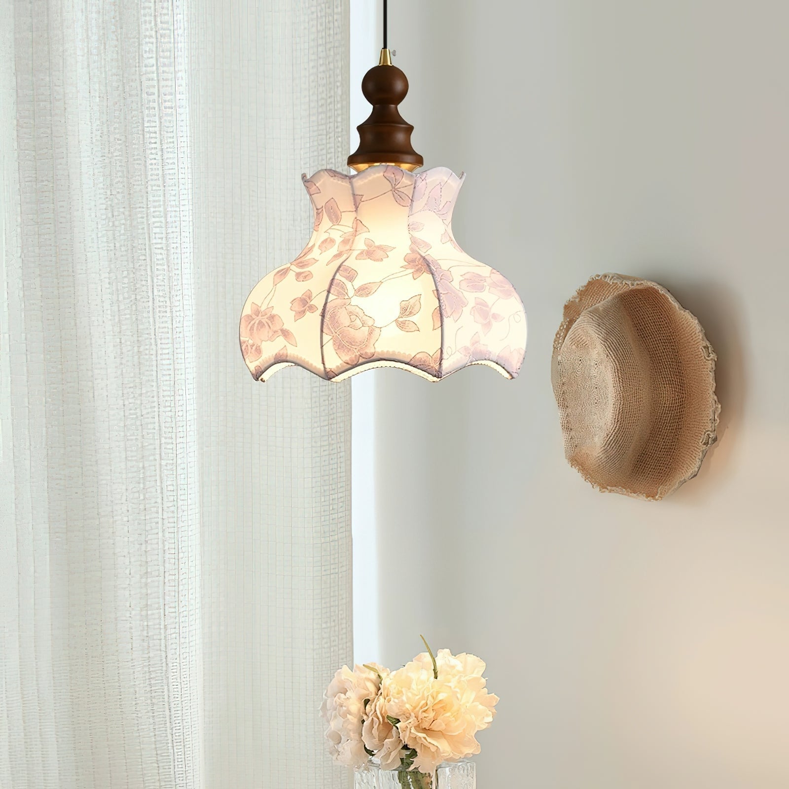Pendant Lamp Metal and Wood Fabric Vintage Floral Elegant