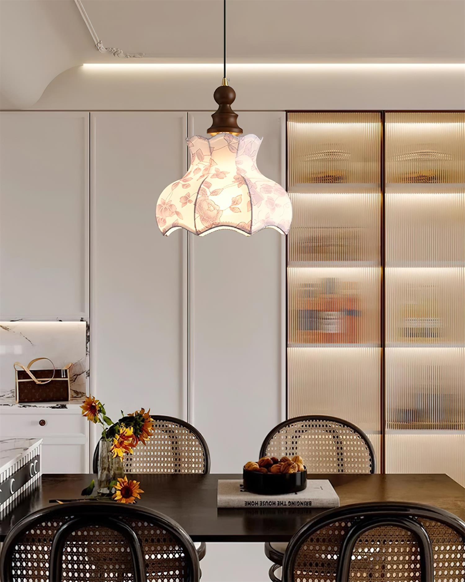 Pendant Lamp Metal and Wood Fabric Vintage Floral Elegant