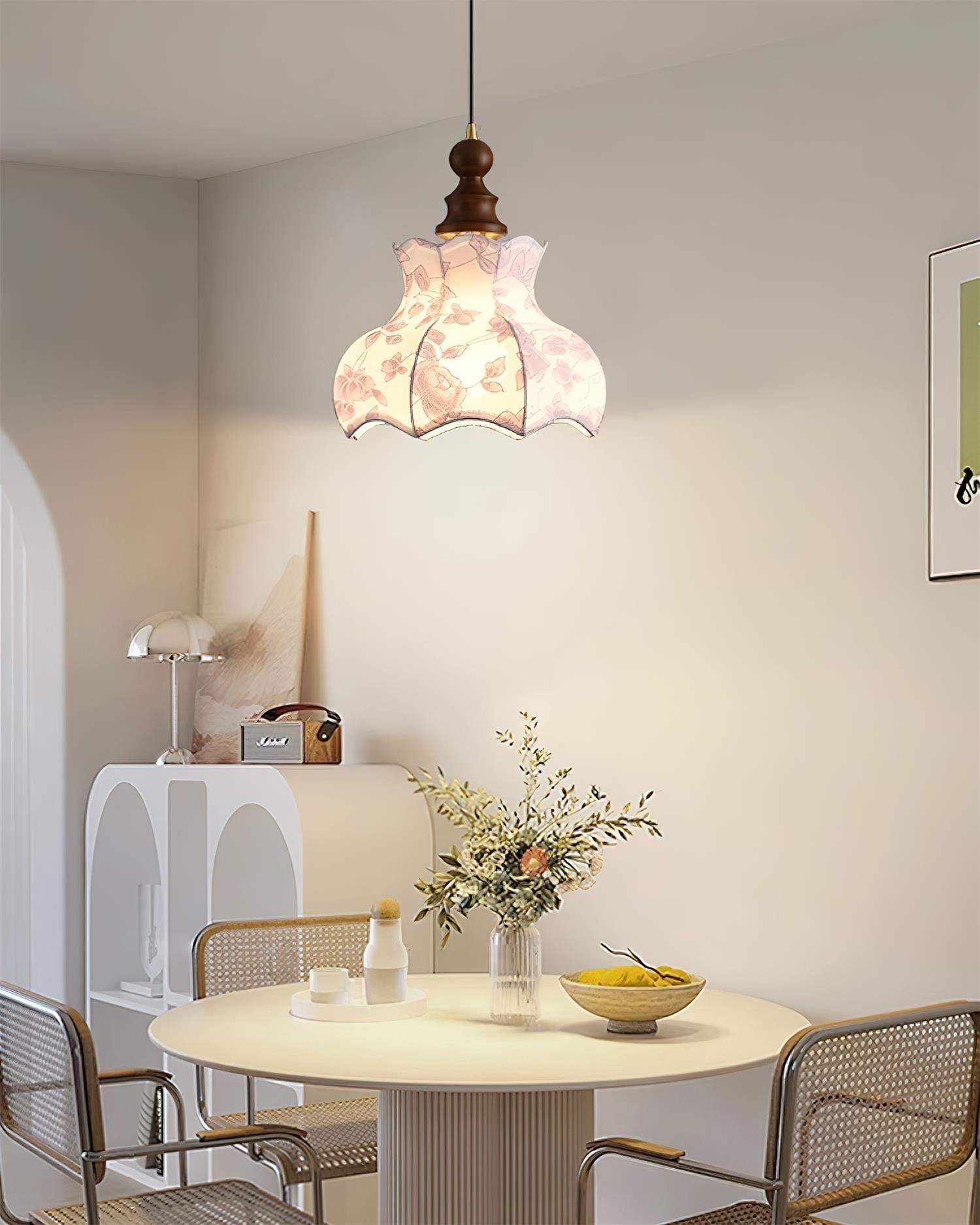 Pendant Lamp Metal and Wood Fabric Vintage Floral Elegant