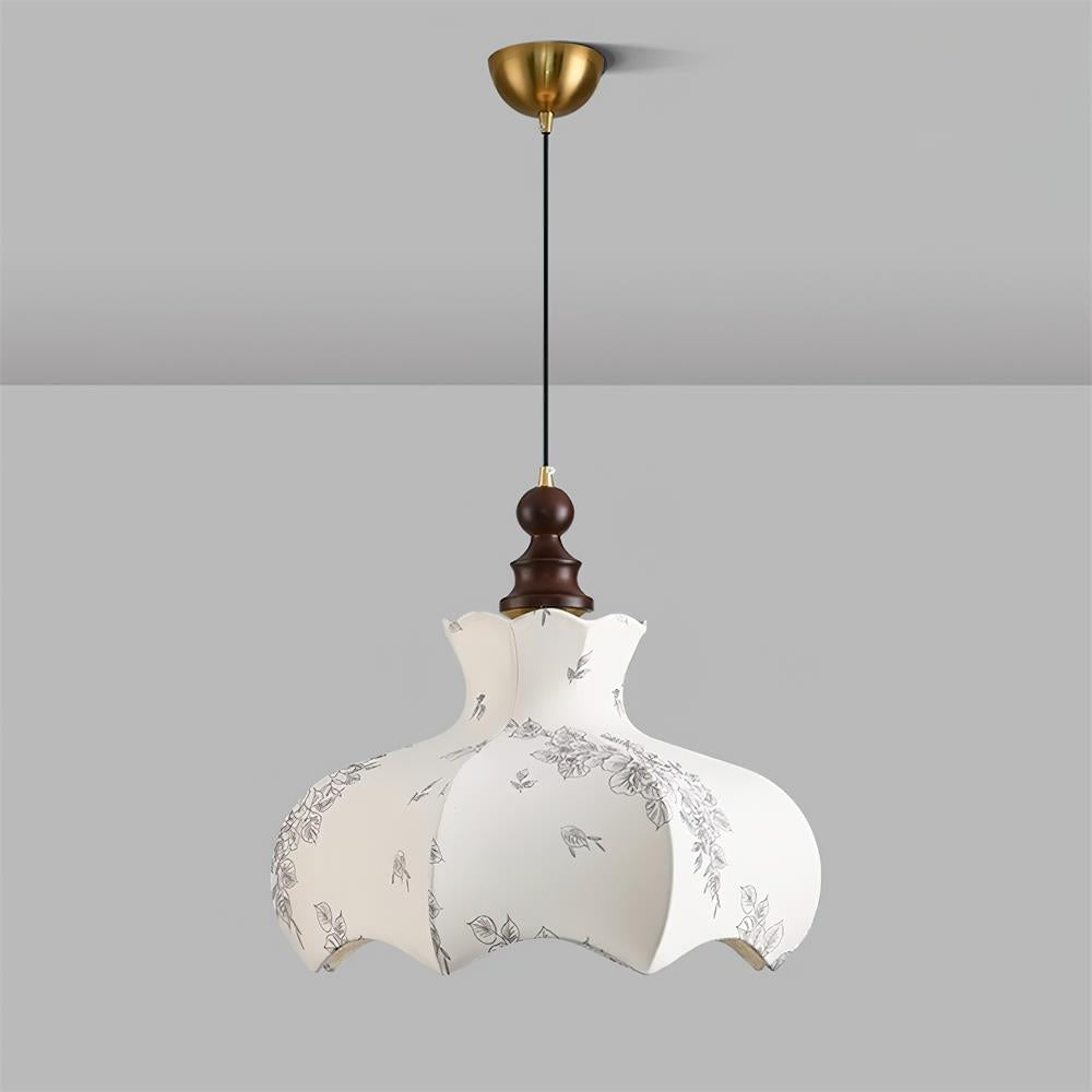 Pendant Lamp Metal and Wood Fabric Vintage Floral Elegant
