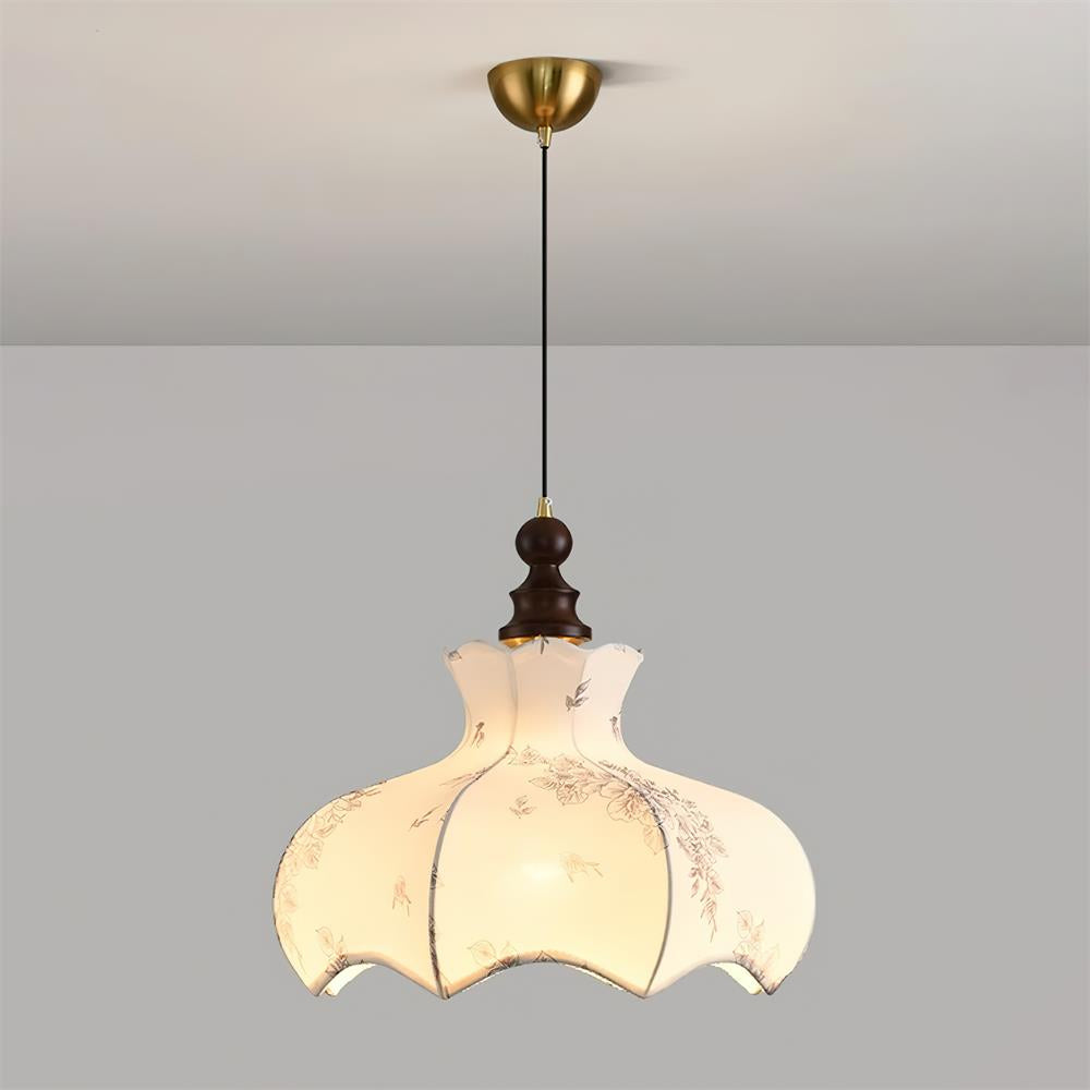 Pendant Lamp Metal and Wood Fabric Vintage Floral Elegant