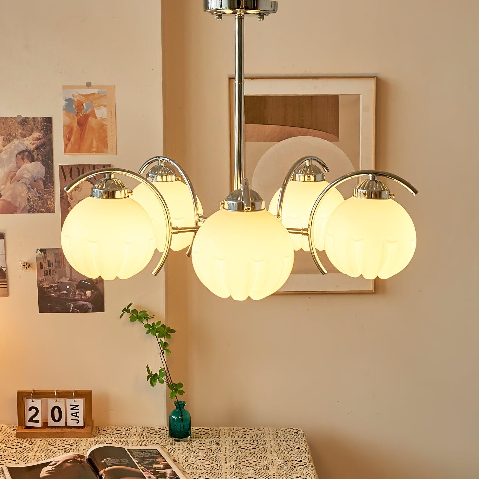 Chandelier Chrome Curved Arms with Frosted Globe Shades-Neutral Decor