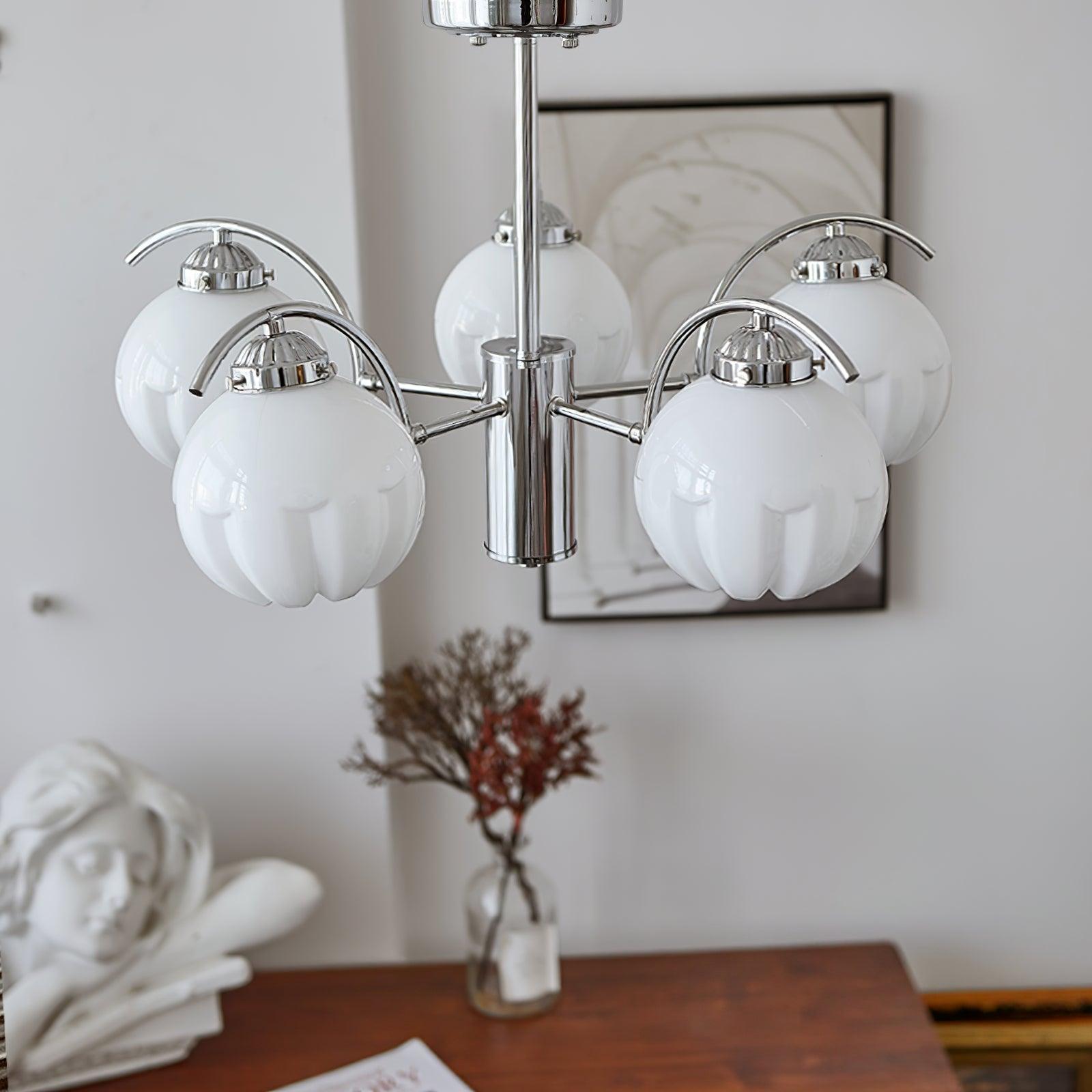 Chandelier Chrome Curved Arms with Frosted Globe Shades-Neutral Decor