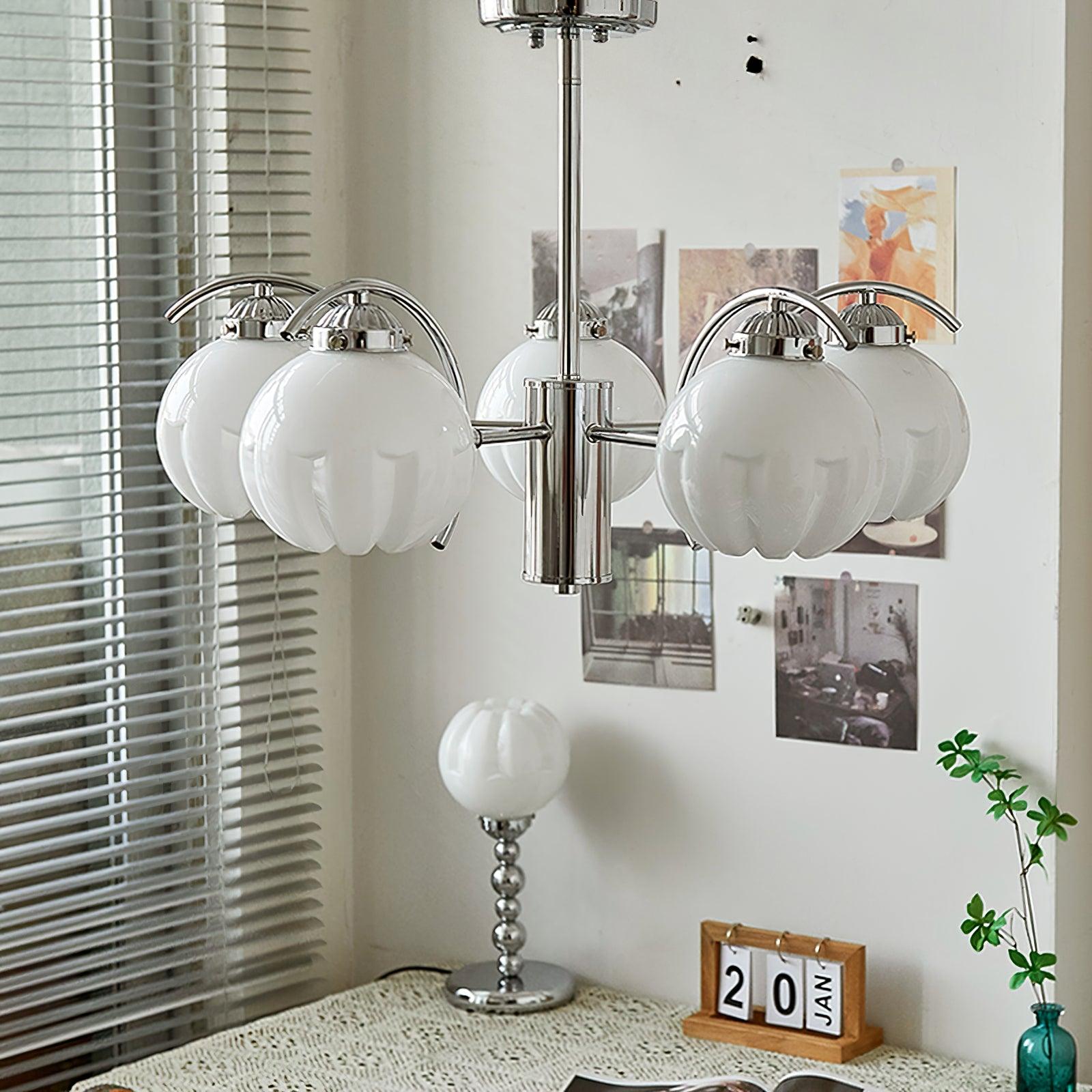 Chandelier Chrome Curved Arms with Frosted Globe Shades-Neutral Decor