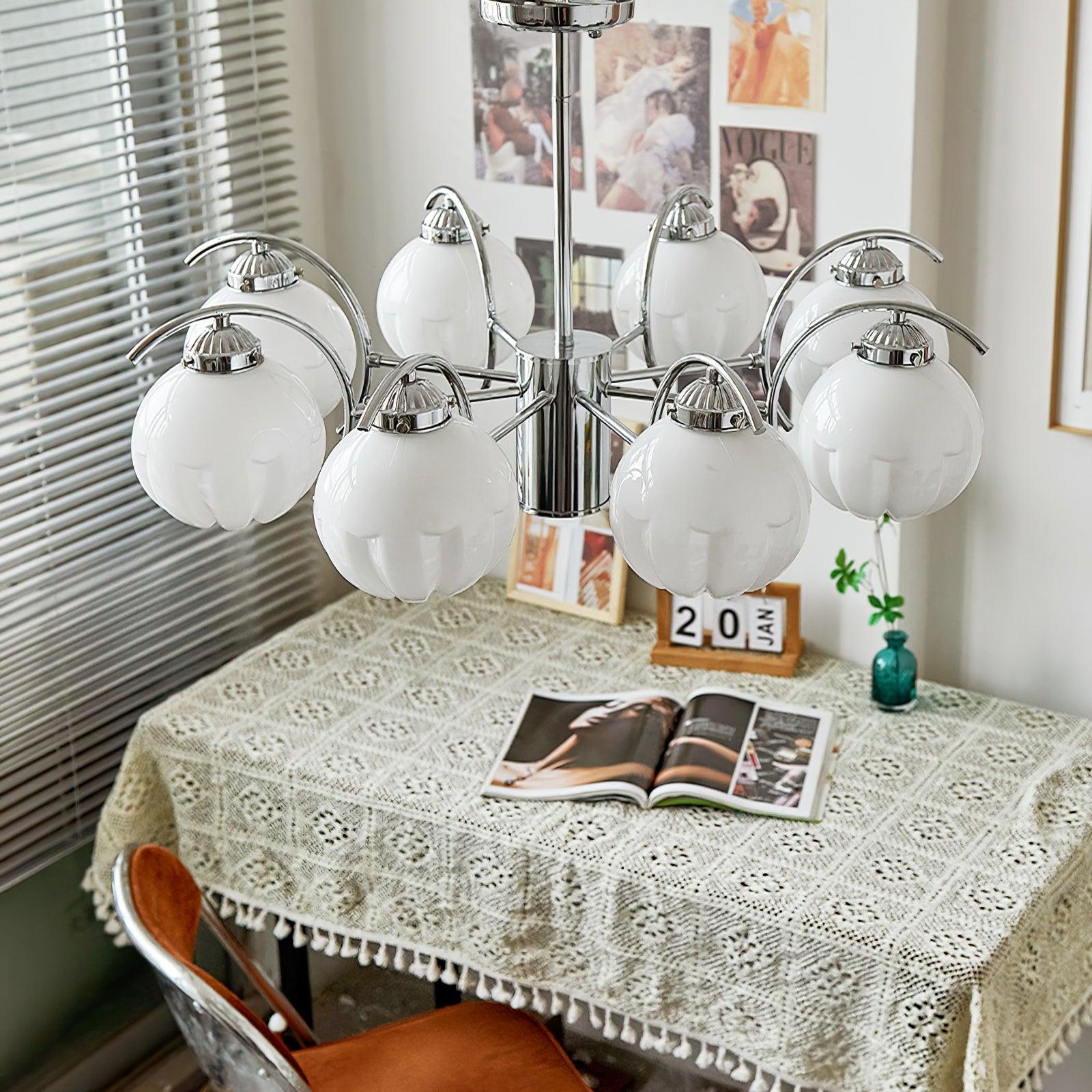 Chandelier Chrome Curved Arms with Frosted Globe Shades-Neutral Decor