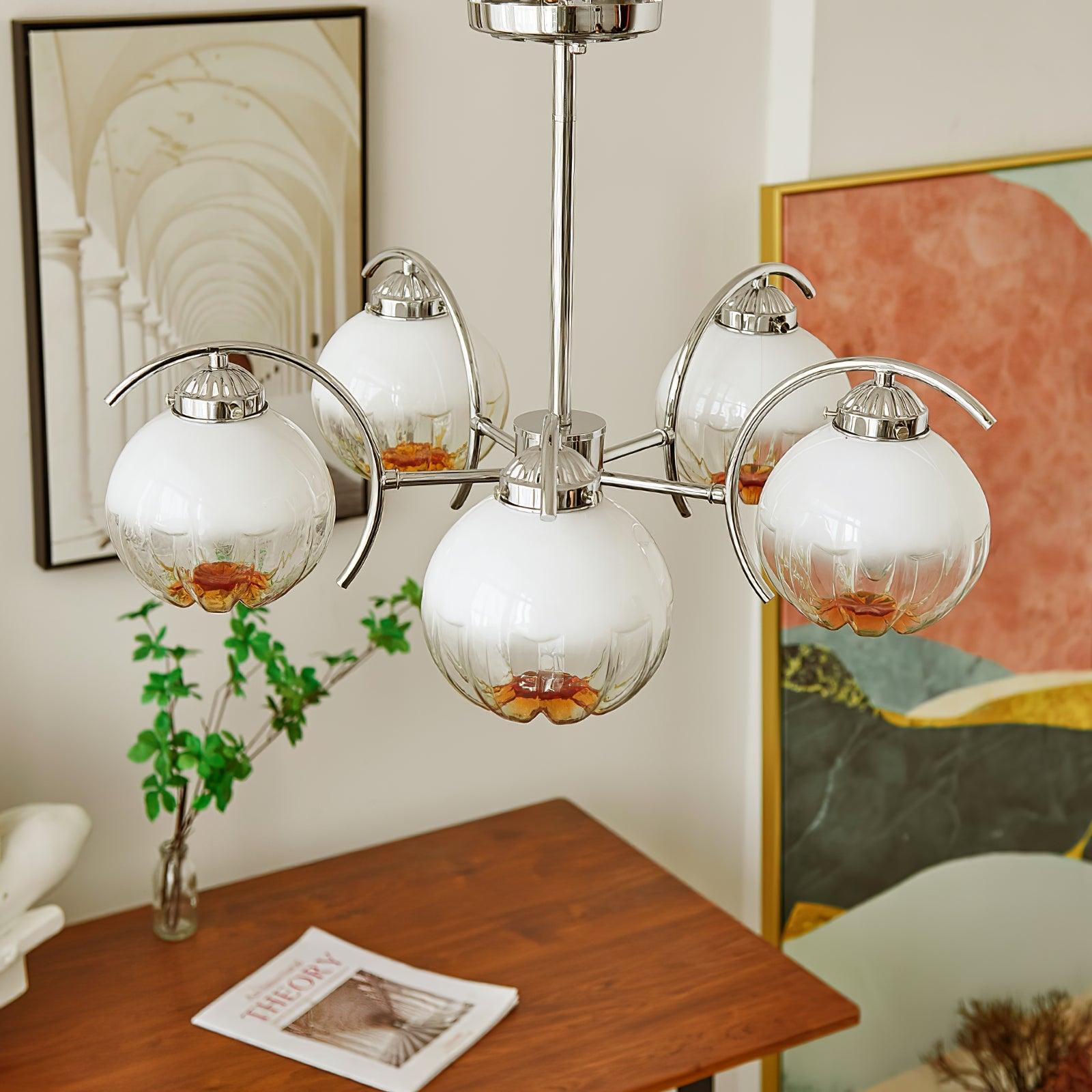 Chandelier Chrome Curved Arms with Frosted Globe Shades-Neutral Decor