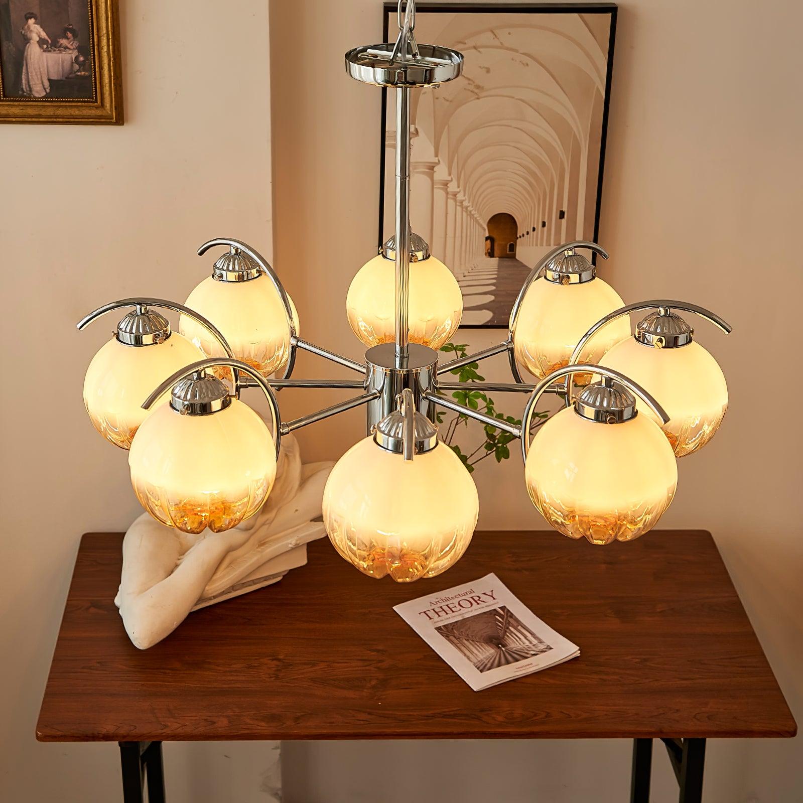 Chandelier Chrome Curved Arms with Frosted Globe Shades-Neutral Decor